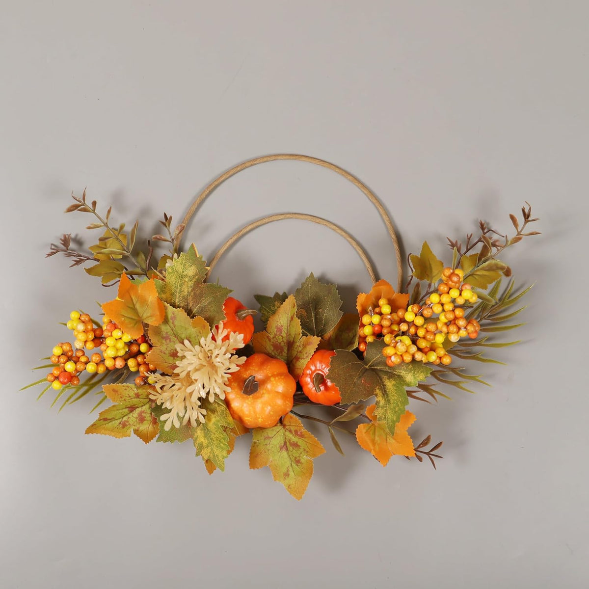 Fall Wreaths for Front Door, Autumn Wreath with Pumpkins, Berries and Leaves for Indoor Outdoor Porch Thanksgiving Farmhouse Harvest Halloween Home Décor (Orange Pumpkin)
