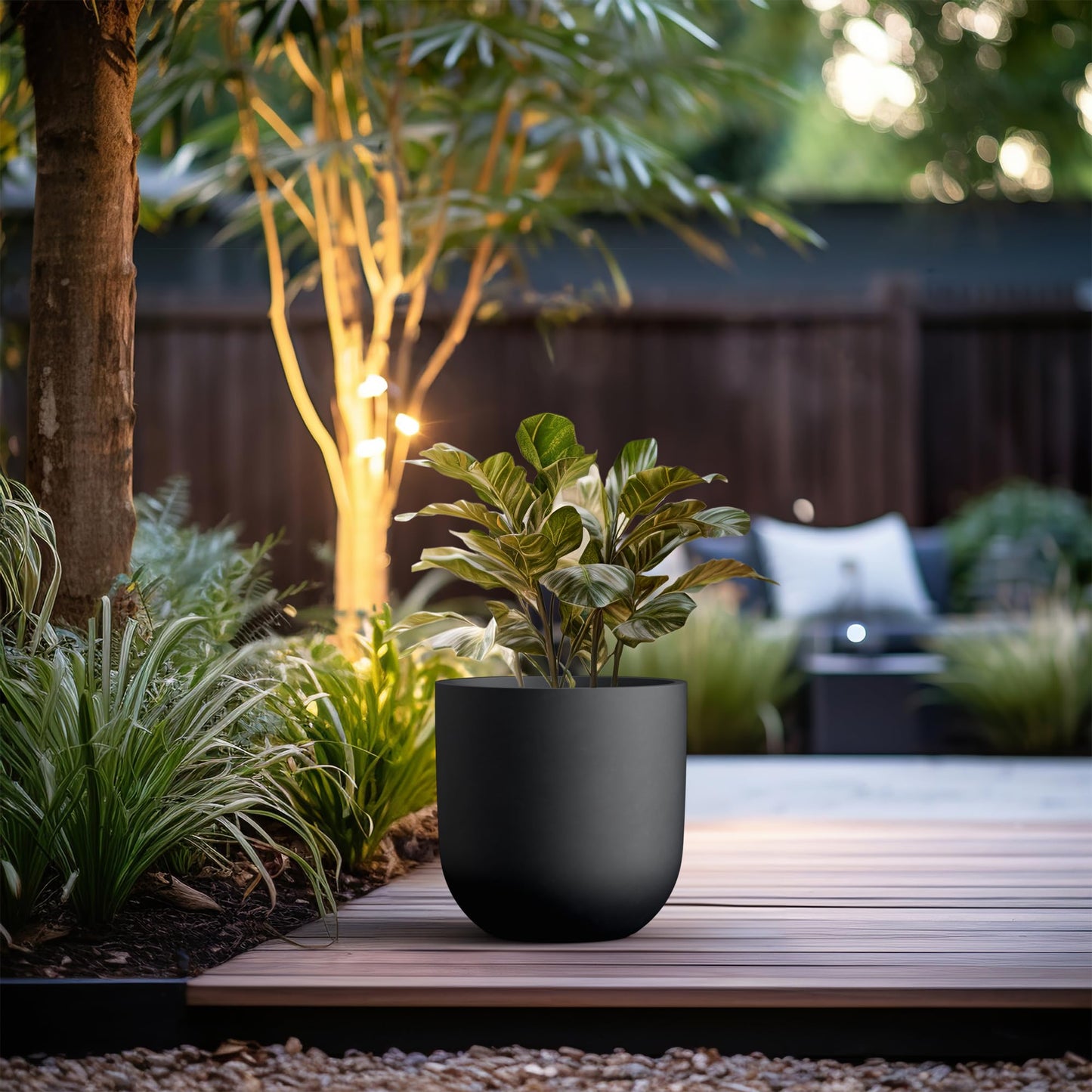 Kante 11.0" Round Concrete Planter, Large Cylinder Plant Pot with Curved Bottom and Drainage Hole, for Indoor and Outdoor Use – Garden or Patio, Black Finish with Painted Interior