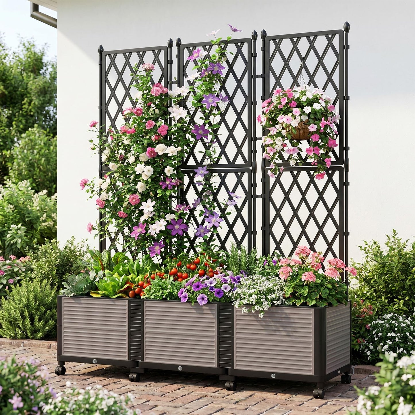 UrGROWA Raised Garden Bed Planter Box with Trellis, 63''H Tomato Planters for Climbing Plants Vegetable Vine Flowers Outdoor Patio Tomato Cage, Self Watering Planter with Wheels