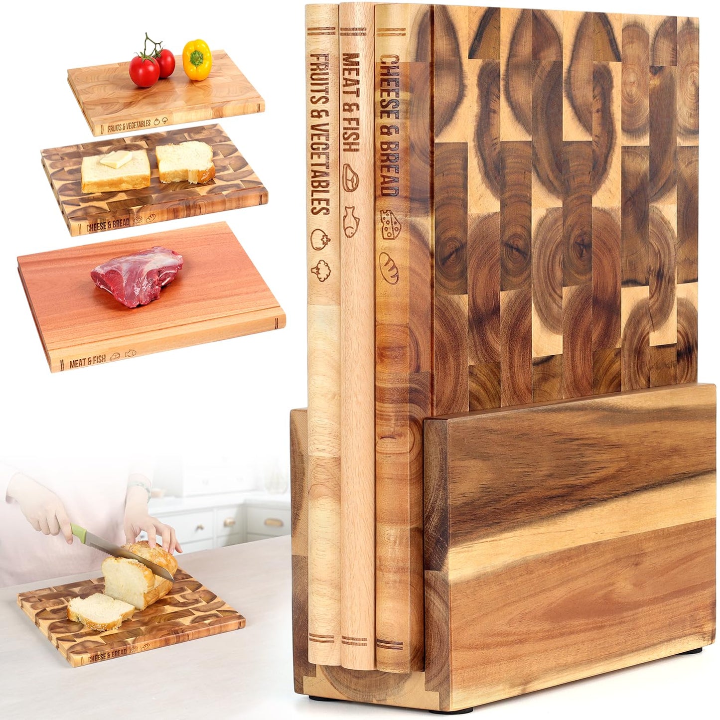 Book Cutting Board Set of 3 with Stand-The Cutting Board Library, Solid Wood Book-Shaped Boards for Serving & Display, Labeled Meat & Fish, Bread & Cheese, Fruits&Vegetables-Decorative Cutting Boards.