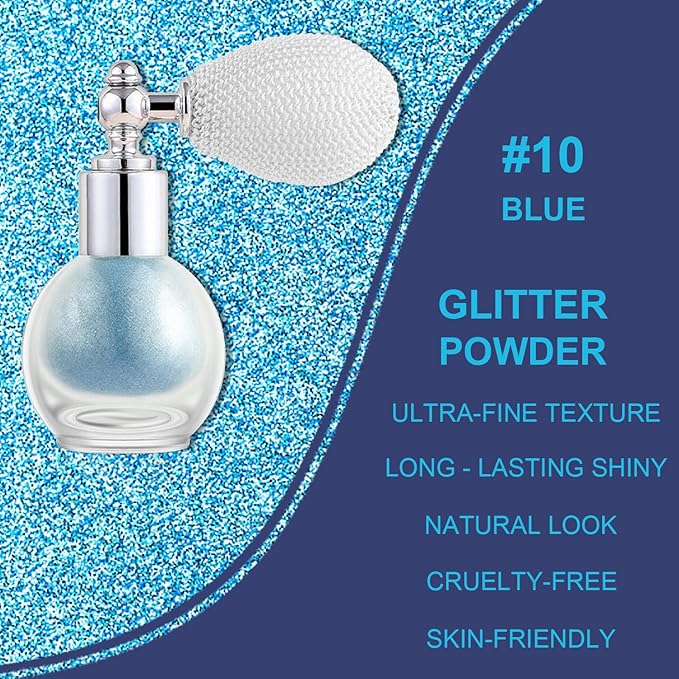 Blue Glitter Spray for Face and Body, Rich Color Loose Shimmer Powder Long Lasting Sparkly Spray High Gloss Makeup for Women Rave Festival Prom Stage Wedding Party, #10