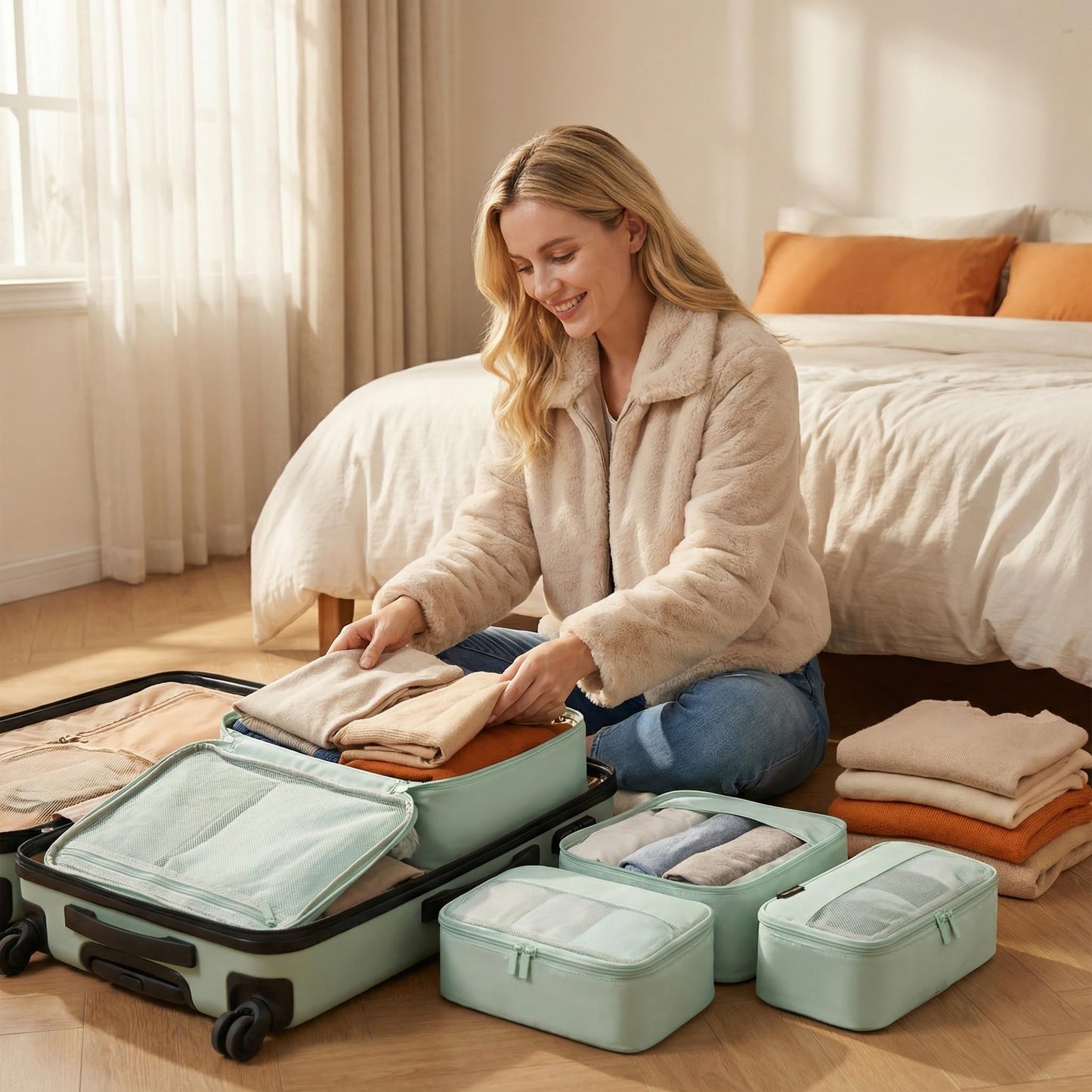 SOARSAIL 4 Piece Compression Packing Cubes for 3–7 Day Travel, Lightweight Travel Organizers with Breathable Mesh, Double-Zipper Packing Cubes for Carry-On & Suitcases (Light Green)