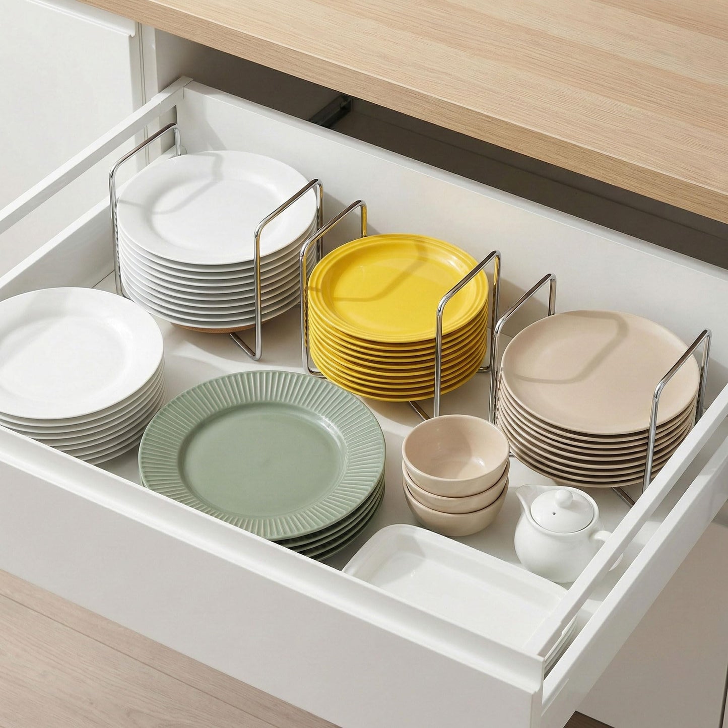 Adjustable Dish Rack for Kitchen Counter - Bamboo Plate Holder Organizer for Cabinet Wooden Bowl Organizer Stainless Steel Plate Stand Storage for Kitchen Drawer Countertop Cupboard Shelf RV