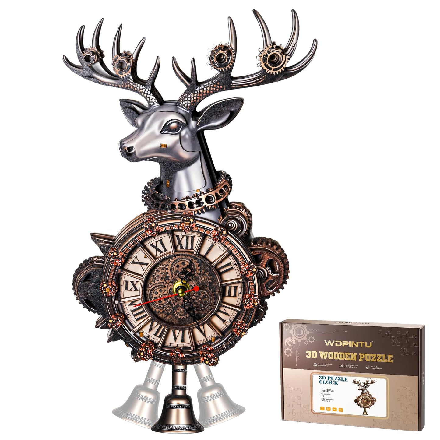 WDPINTU 3D Wooden Clock Puzzle – Steampunk Deer Head Design – DIY Model Kit for Adults & Teens (15+) – Unique Wall Decor with Roman Numerals – Gift-Ready Packaging