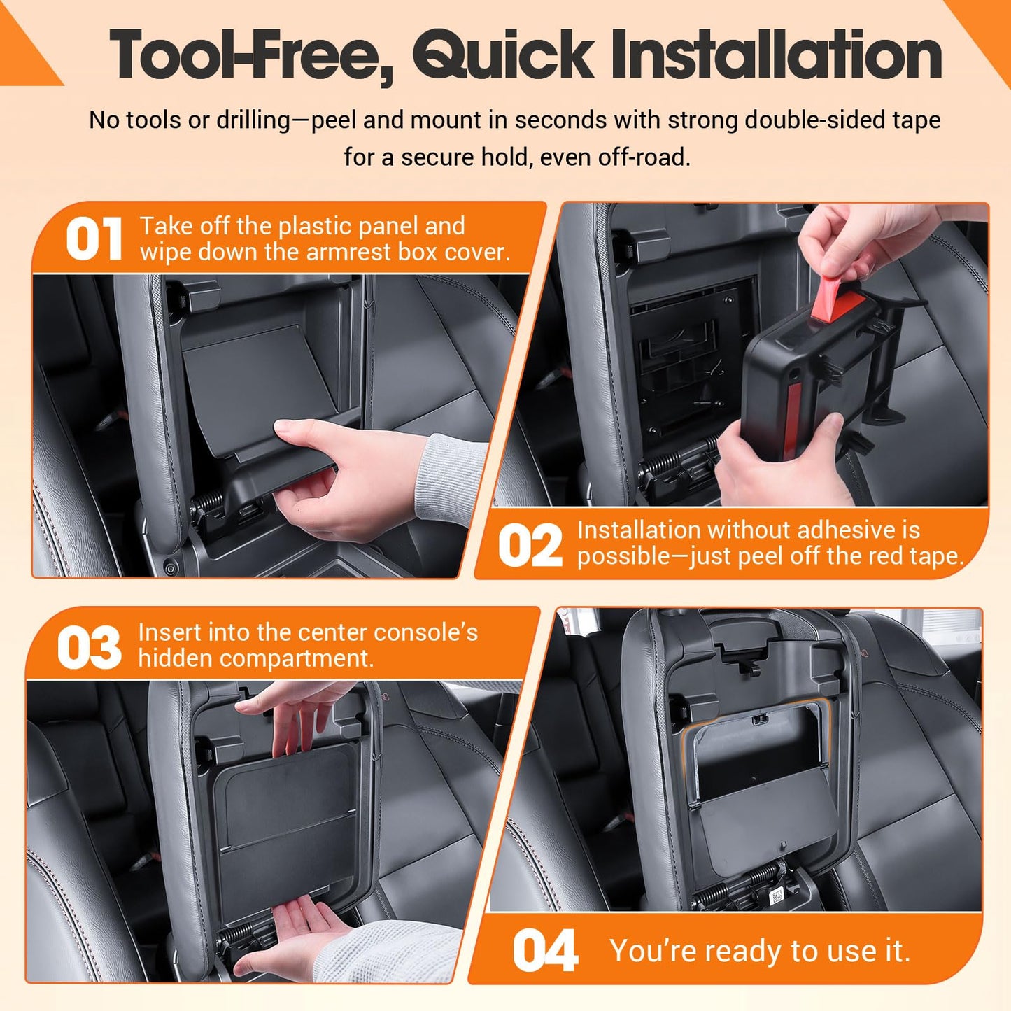 TACORBO Center Console Hidden Storage Organizer Compatible with Jeep Gladiator JT 2020-2024 and Jeep Wrangler JL/JLU 2018-2025, Wrangler 4XE One-Touch Armrest Hidden Secret Compartment Box