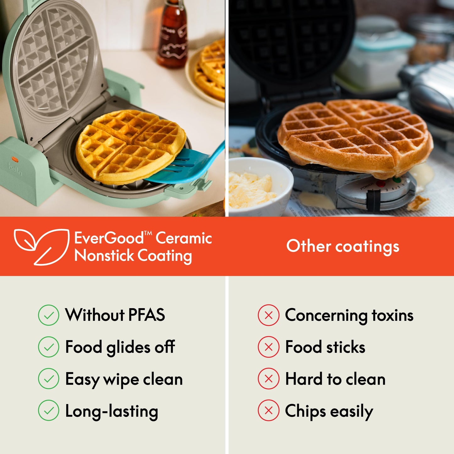 bella Flip-n-Store Waffle Maker with EverGood™ Ceramic Nonstick Coating, Fits-anywhere™ Kitchenware, Power Indicator Light, Cool Touch Handle & Cord Wrap, 7” Wide & 1" Deep Plates, 1000 Watt, Seaglass