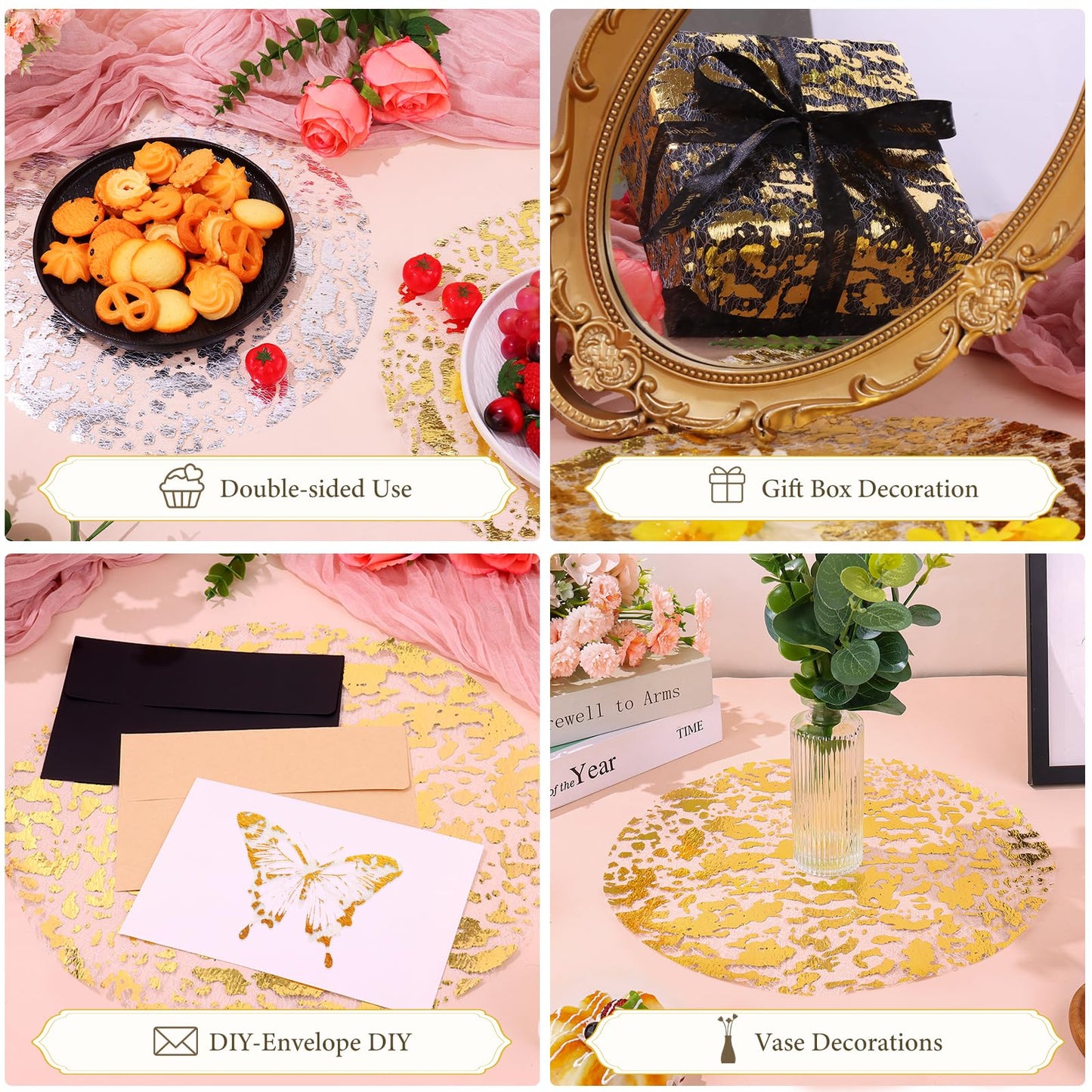KesaPlan 100 PCS Disposable Gold Placemats Set, 13" Metallic Round Doilies for Tables, Gold Foil Mesh Pressed String Table Mats, Thin Mesh Decorative Doilies for Wedding, Holiday, Party, Christmas