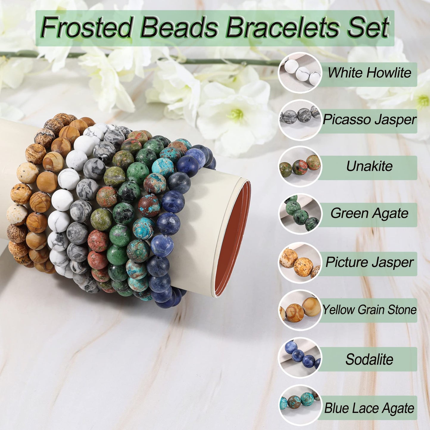 Bivei Natural Gemstone Semi Precious Crystals Handmade Stretchy Round Beads Bracelet, Enhance Positive Energy,Stocking Stuffers for Women(Wood Grain Jasper & Picture Jasper（Creativity） Medium)