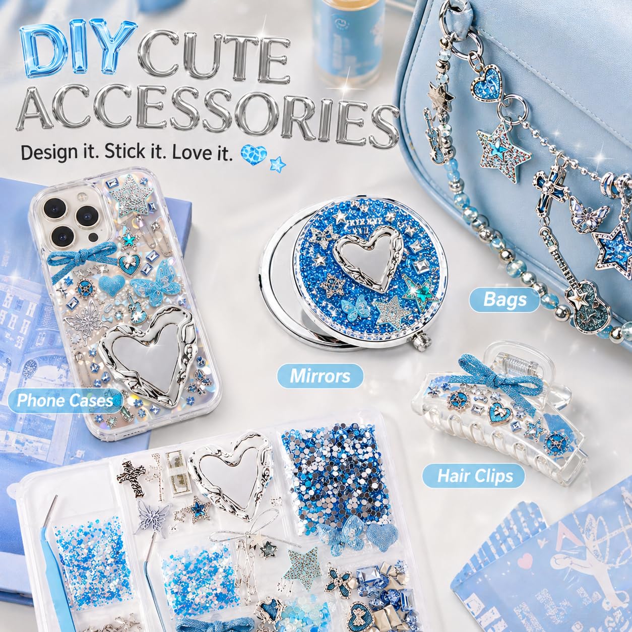 Prdingfy Blue Silver Phone Case Charms Kit, Icy Y2K DIY Decorating Accessories with Bows, Rhinestones, Mini Mirror Pieces and Resin Charms for Custom Cases