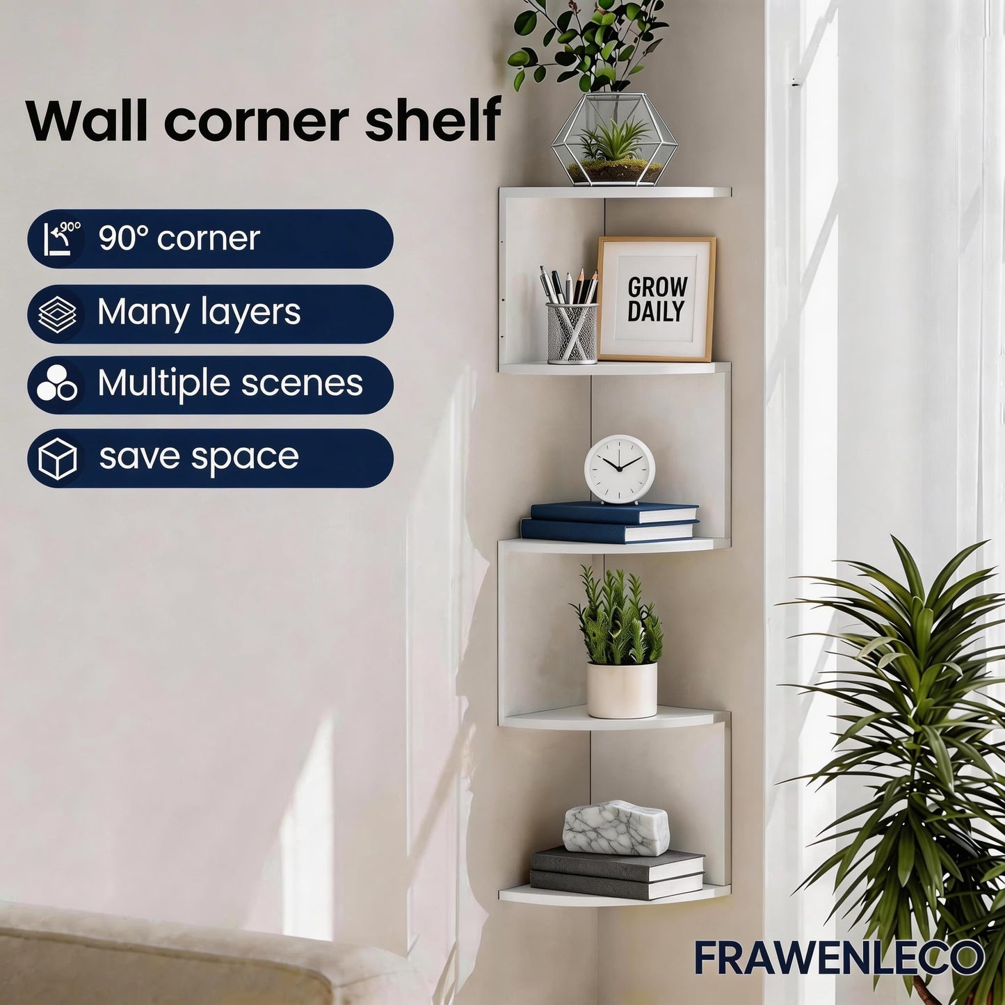 FRAWENLECO No-Drill Modern Corner Shelf Wall Mount, 5-Tier Floating Storage Rack, Corner Bookshelf with Hooks, Space-Saving Zigzag Plant Shelf for Bedroom, Living Room, Bathroom, Home Office(White)