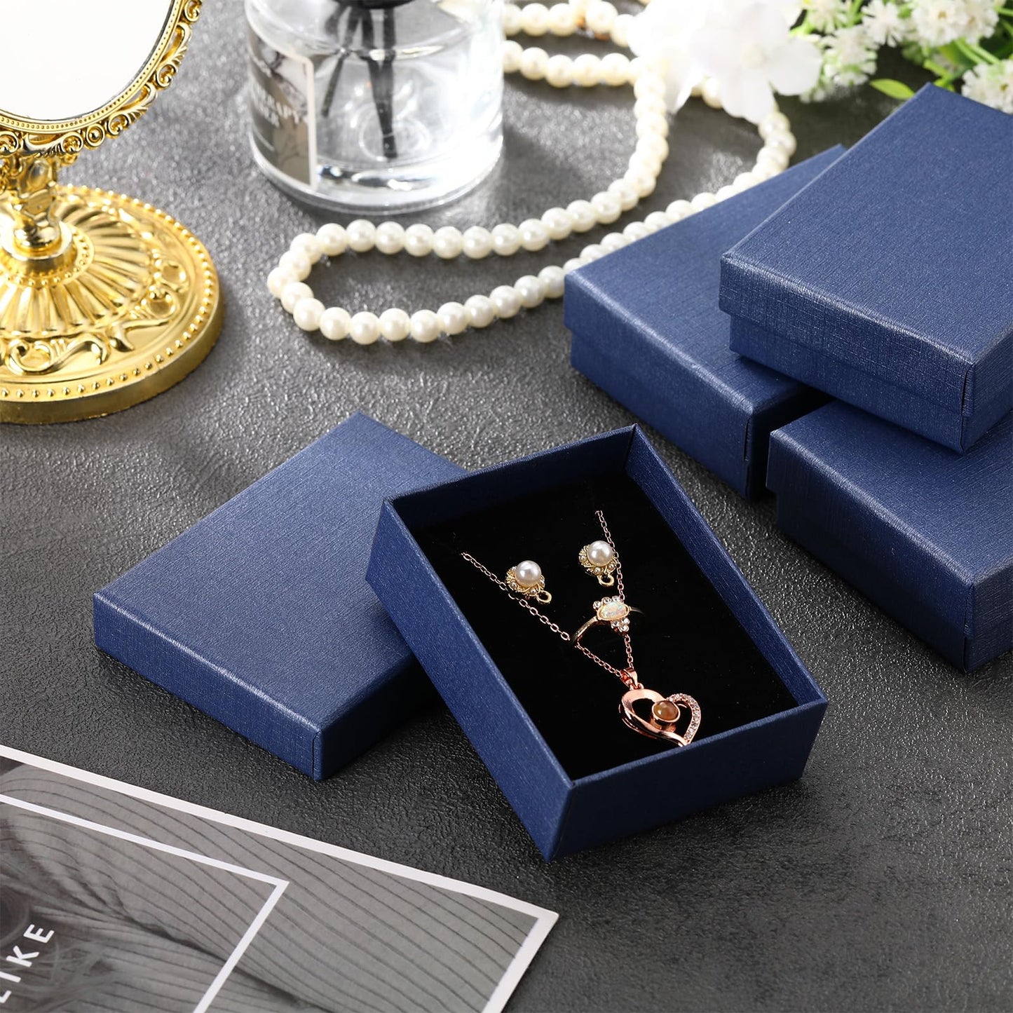 Sasylvia 36 Pcs Jewelry Cardboard Gift Boxes Packaging Necklace Ring Earring Storage Box with Cushion 3.5x2.8x1.2 Inch (Dark Blue)