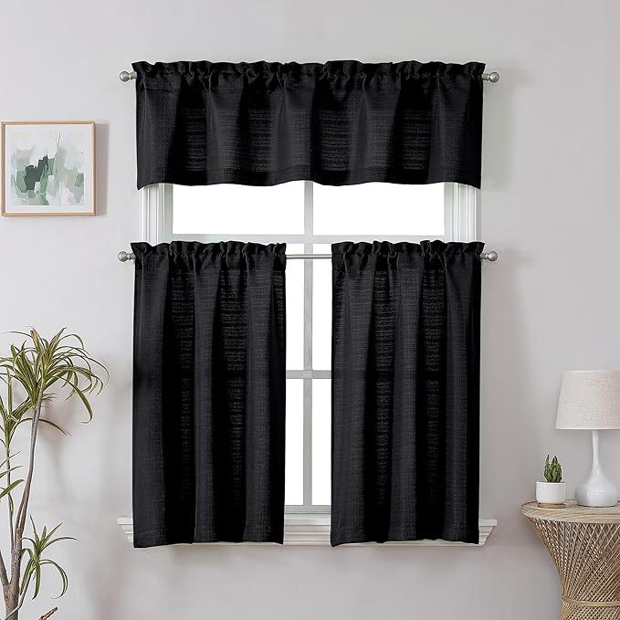 Chyhomenyc 2 Panels Black Cafe Curtains 36 Inch Length, Faux Linen Half Window Curtains for Bathroom Farmhouse Country, Privacy Street Window Curtains, 30x36 inch, 2PCS