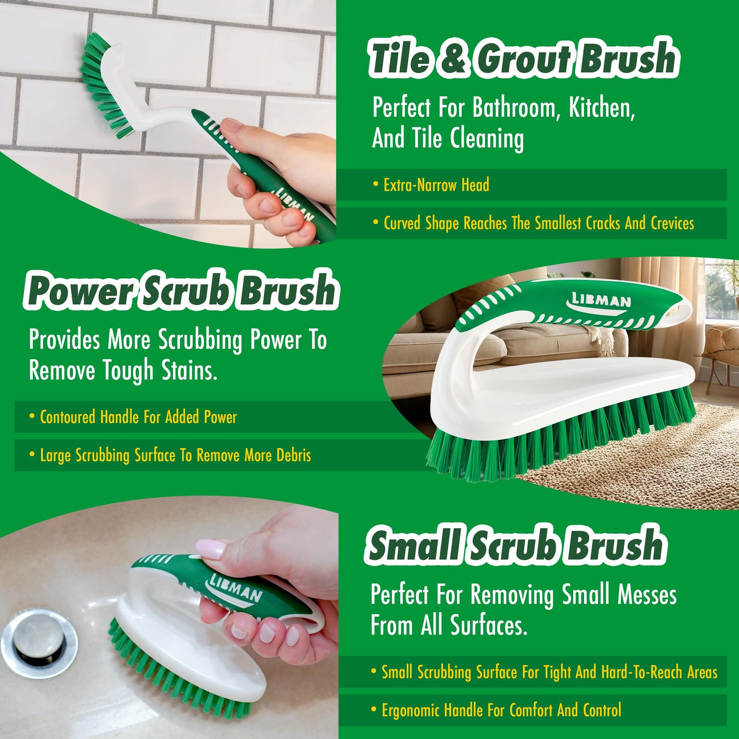 Libman Scrub Brush Kit | Cleaning Brush | Tile & Grout Brush | Small Scrub Brush | Power Scrub Brush | Carpet Brush | Bathroom Scrubber | Boot Scrubber | 3 Different Brushes Included