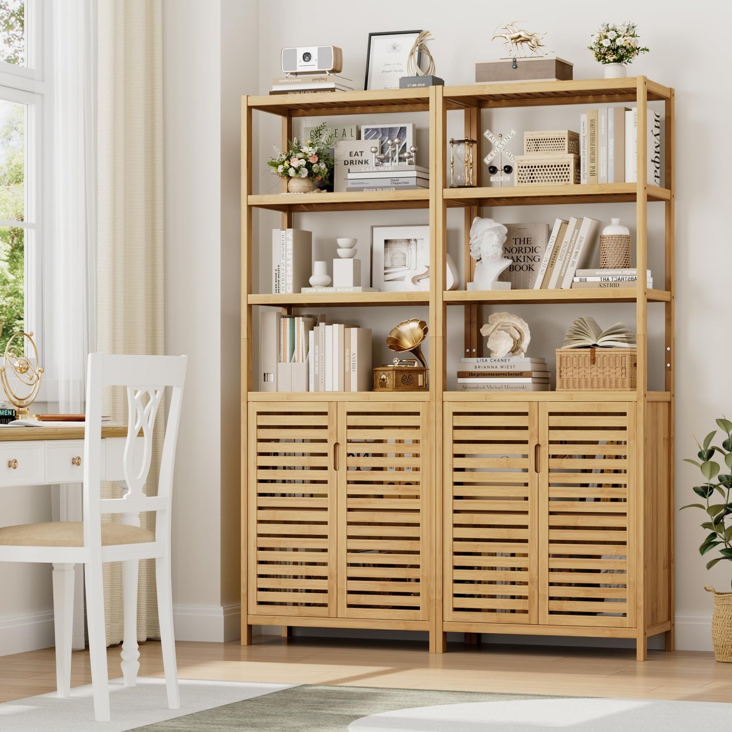 HIFIT 2 Set Tall Shelf Unit Bamboo Storage Cabinet with Doors, 5-Tier Bookshelves and Bookcases with Storage and Display, 67" Tall Cabinet w/Plant Stand for Bathroom,Living Room,Kitchen Dining,Balcony
