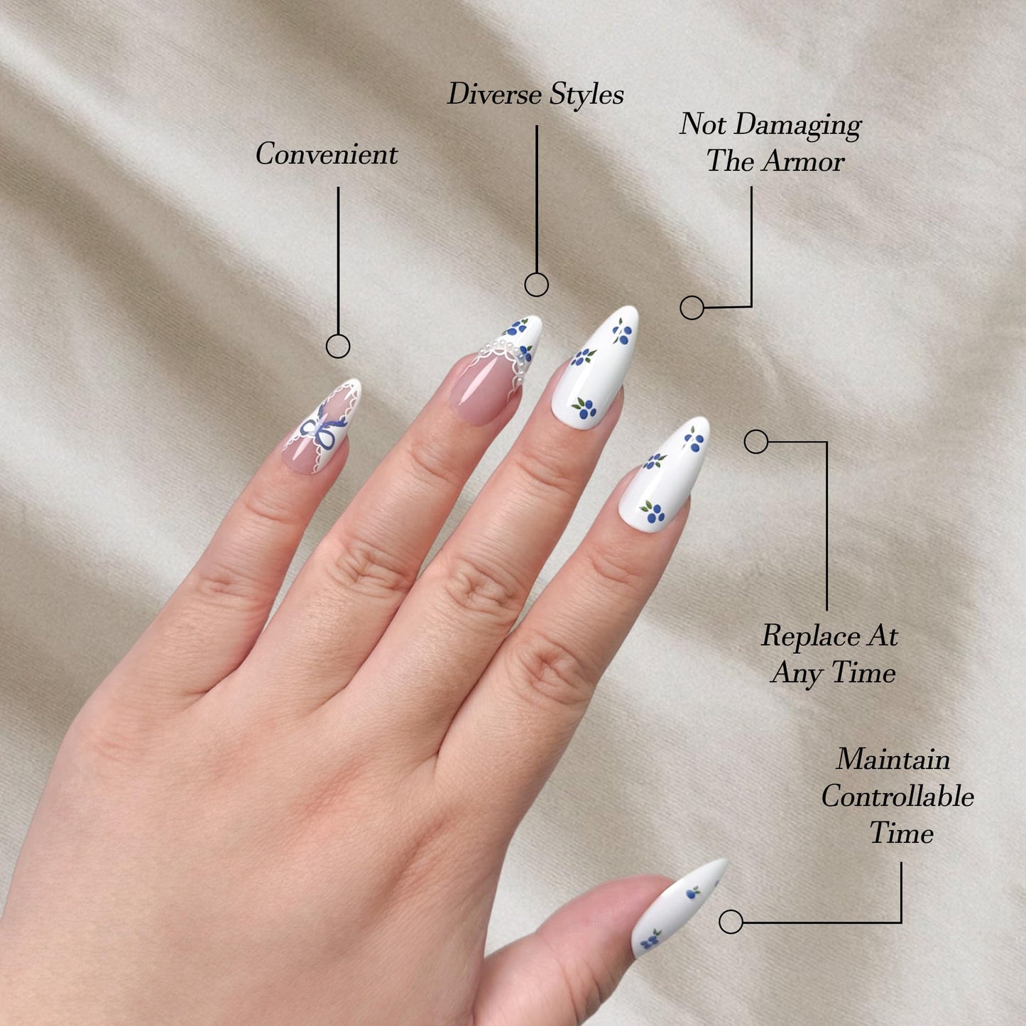 COOCRENAILS Pearl-Framed French Press-On Nails, Blueberry pattern with Lace Detailing, Reusable Adhesive Tabs for Effortless Salon Manicure, 12 Sizes-24Pcs