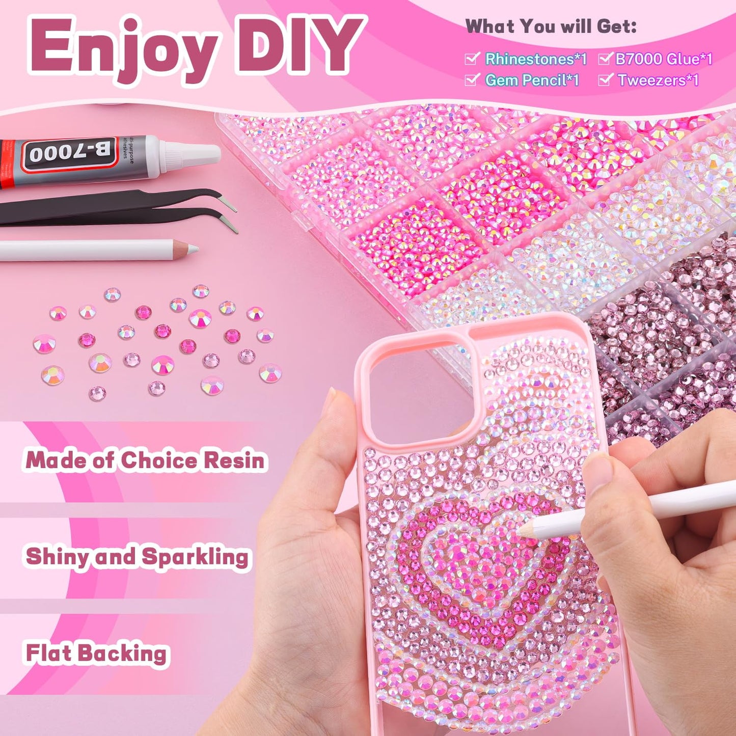 20000Pcs Pink Rhinestones for Bedazzling with 1Pcs B7000 Jewelry Glue, Resin Rhinestones for Crafting Crafts DIY, Bedazzler Kit Gems for Clothing Shoes Tumblers Nail Art Assorted Size 3/4/5/6mm