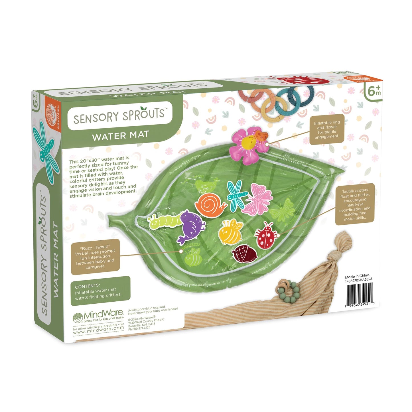 MindWare Sensory Sprouts Baby Water Mat, Inflatable Leaf-Shaped Tummy Time Play Mat with Floating Bugs for Sensory Play, Visual Tracking and Neck Strength Development for Babies 6 Months and Up