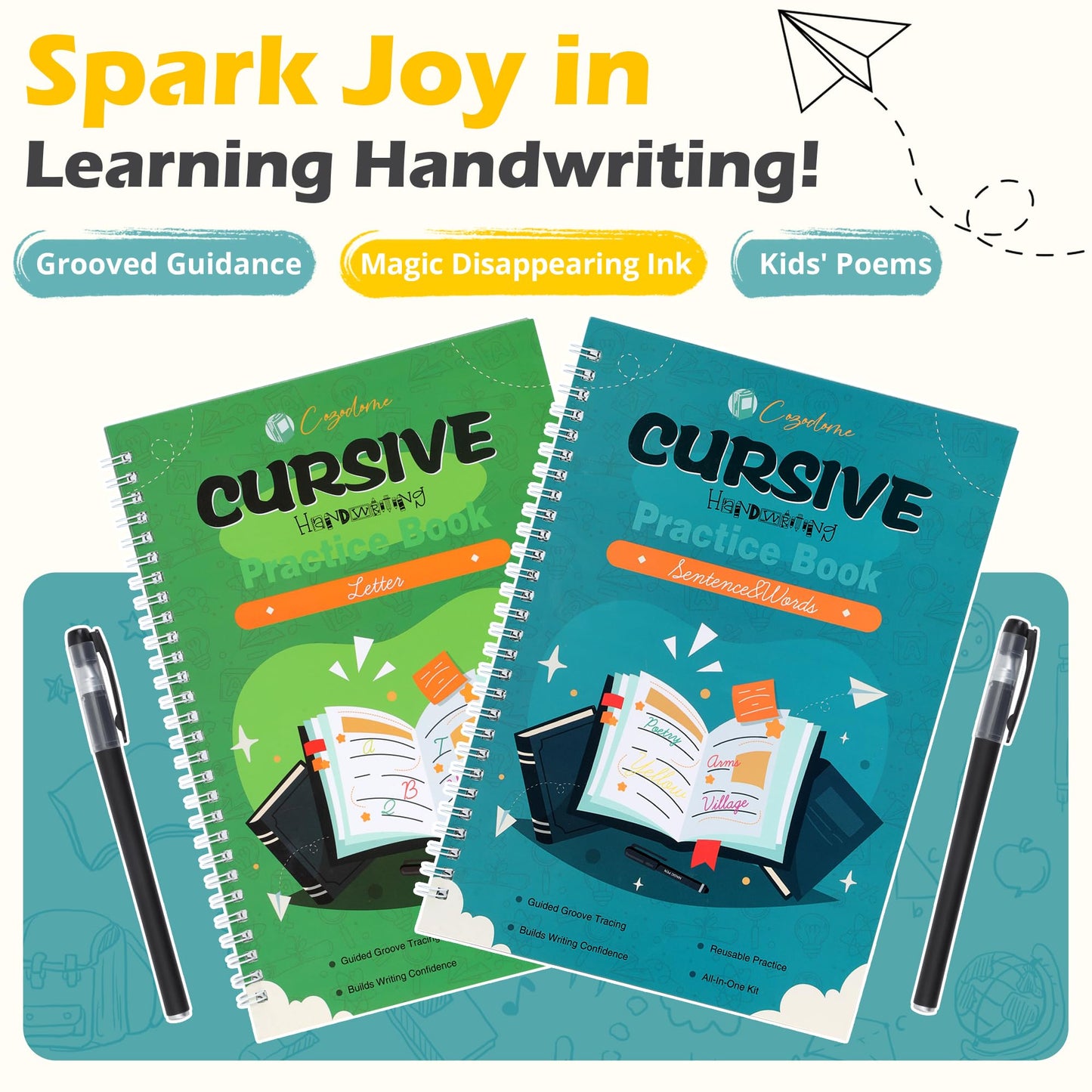 Cozodome Grooved Cursive Handwriting Workbook for Kids-Reusable Magic Practice Book with Disappearing Ink, Cursive calligraphy Kit, Cursive Copybook for Kids Ages 5-12, Handwriting Without Tears Teens