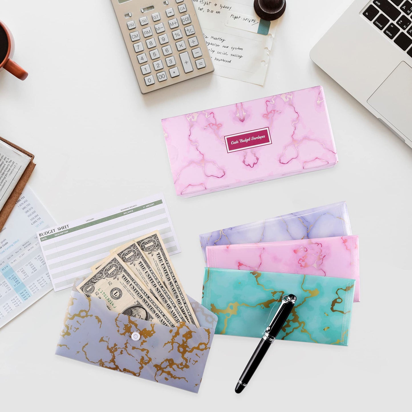 Lpraer 15 Pack Cash Envelope for Budgeting, Budget Envelope for Cash System, Money Envelope With Budget Sheet Sticker Box for Saving (Marble)