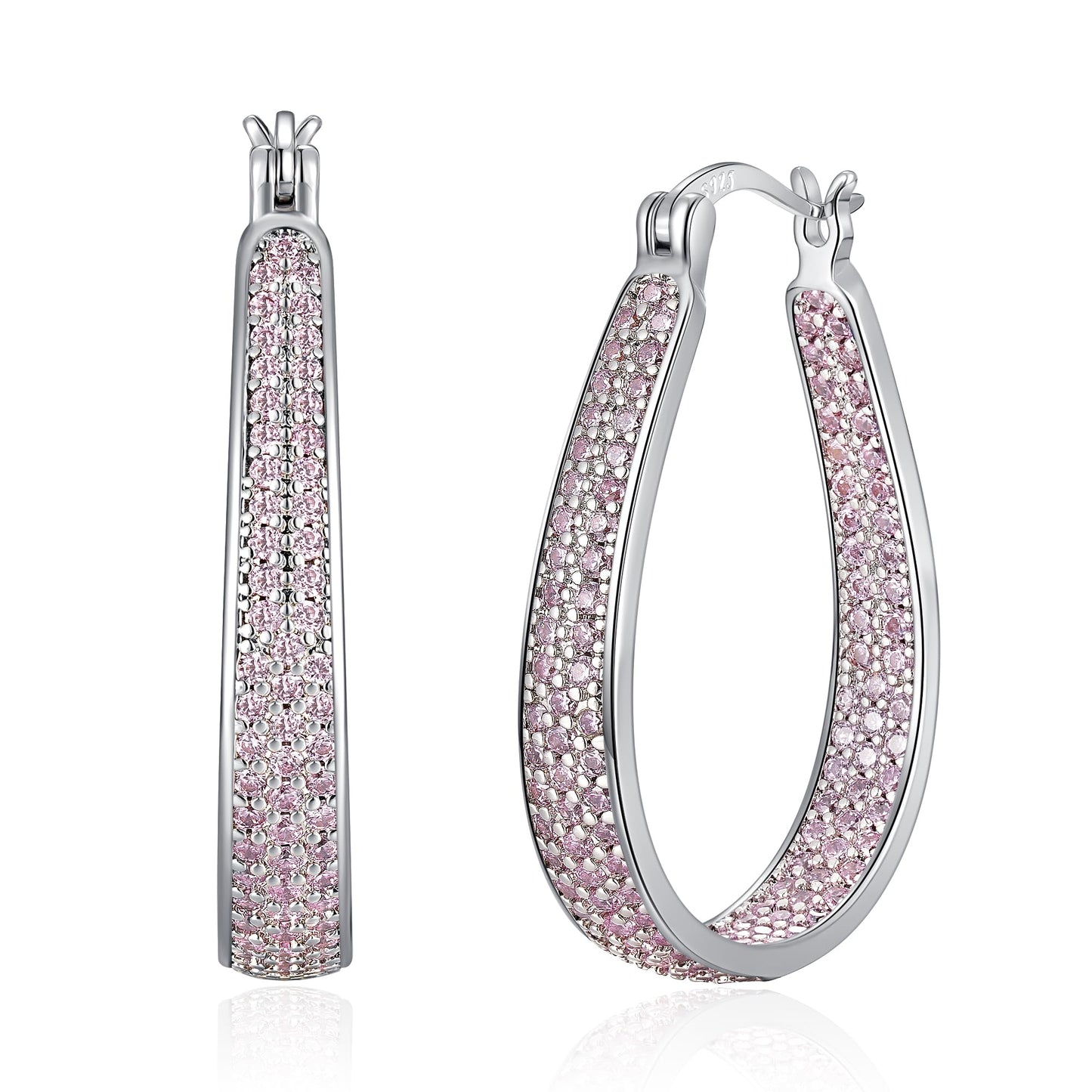CiNily 925 Sterling Silver Post Oval Hoop Earrings for Women Light Pink Cubic Zirconia Hoop Earring Large Chunky Hoop Earrings 14K White Gold Plated Gemstone Earrings