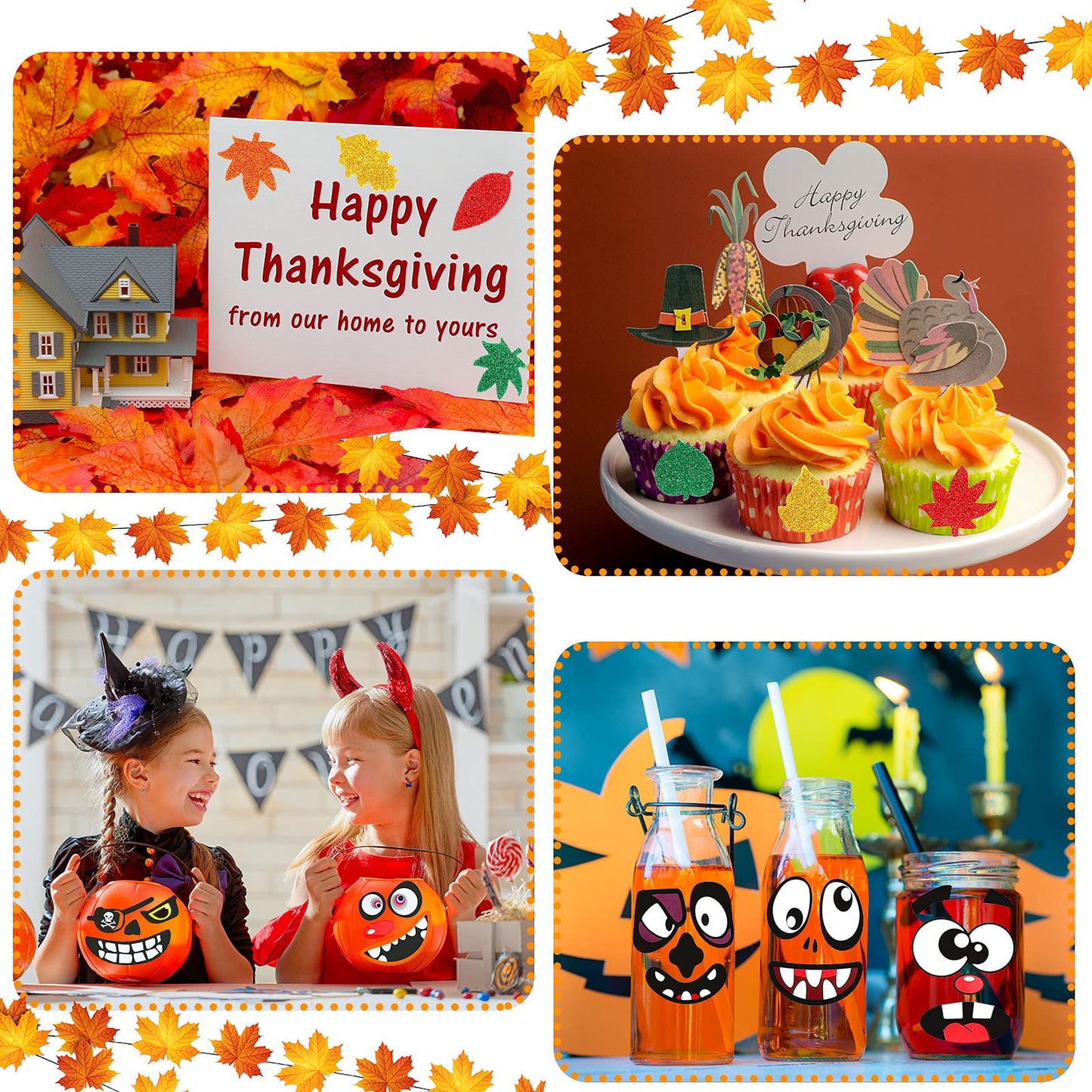 Outus 178 Pcs Halloween Pumpkin Stickers Craft Decorating Kit, 16 Foam Pumpkins 12 Decorating Stickers and 150 Glitter Maple Leaf for DIY Crafts Fall Thanksgiving Party Decorations
