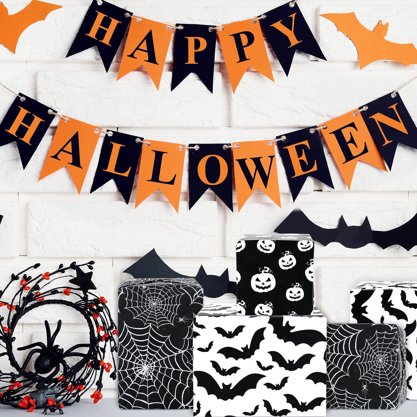 Whaline 120 Sheet Halloween Tissue Paper Black and White Wrap Tissue Paper with Cobweb Bat Pumpkin Pattern Gift Wrapping Paper for Fall Halloween Party Gift Packing DIY Craft, 13.8 x 19.7 Inch