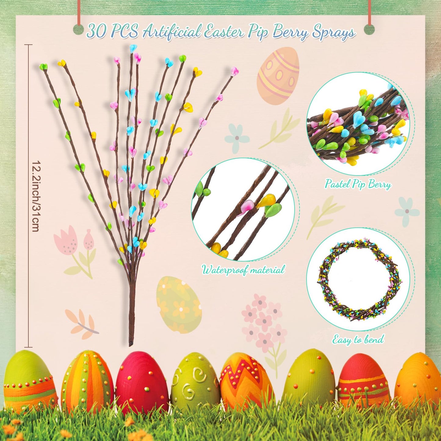 Juinte 20 Packs Easter Berry Garland Artificial Sprays Wire Spring Pip Berry Decorative Garland Picks Floral Pip Picks Stems for Easter Crafts Floral Arrangement Wreath Making