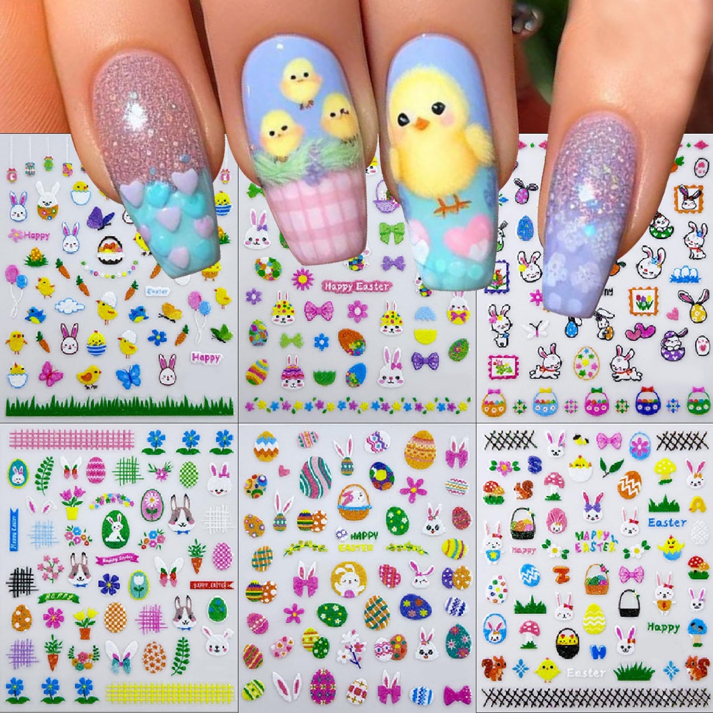 6 Sheets Glitter Easter Nail Art Stickers Easter Egg Rabbit Nail Decals 3D Self Adhesive Cute Chicken Eggs Nail Art Supplies Cartoon Bunny Carrot Nail Supplies Stickers for Women DIY Nail Decorations