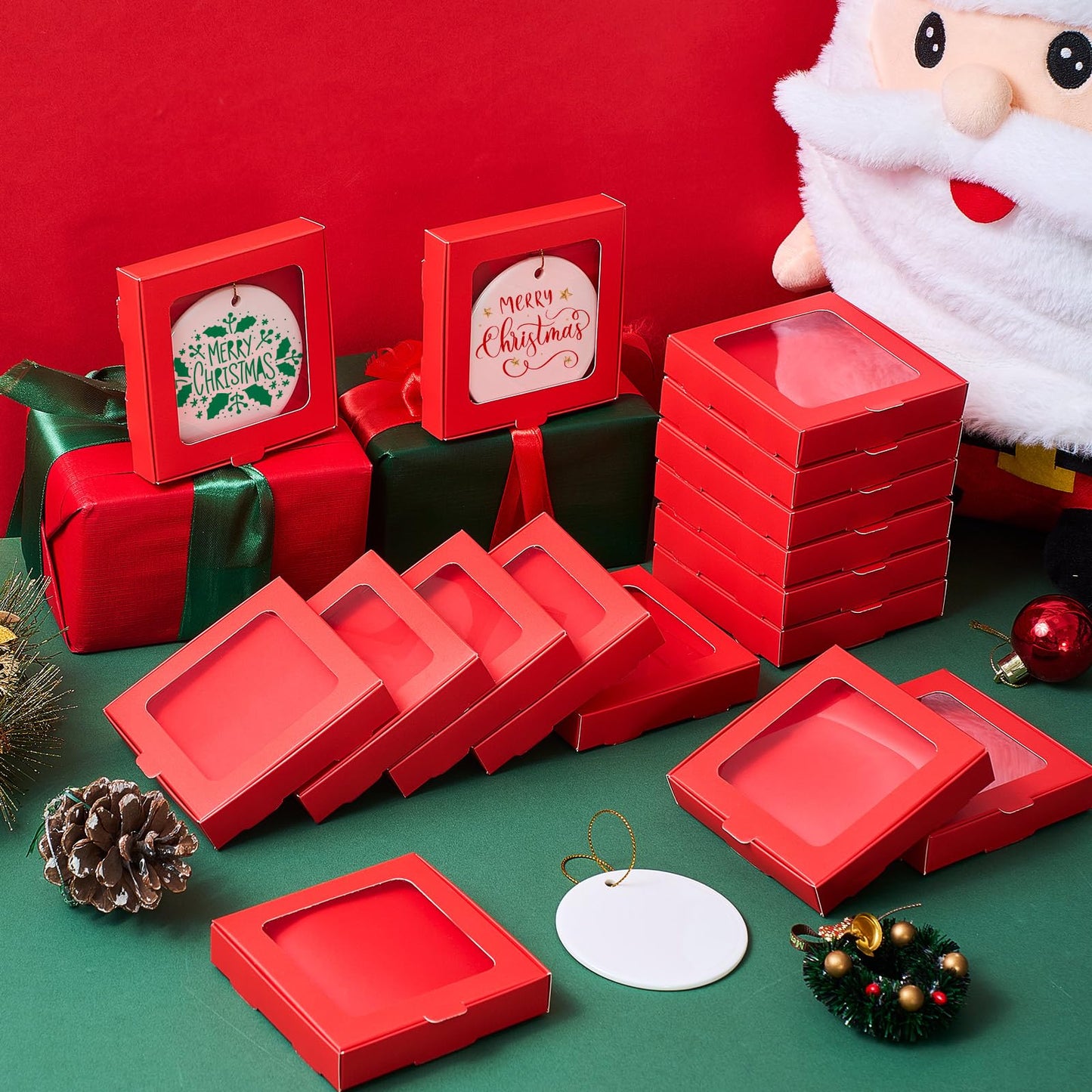 Dunzoom 50 Pcs Sublimation Ornament Blanks Gift Box 3.6"x3.6"x0.7" Christmas Ornaments Holder Ceramic Discs Packaging Box with Window for Personalized Xmas Tree Blanks Bulk (Red)