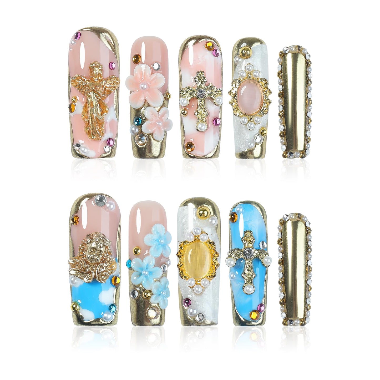Homsera Opulent Handmade Press on Nails - Intricate Handmade Square False Nails with Luxury Artisan Design for Women Wedding Party Special Events