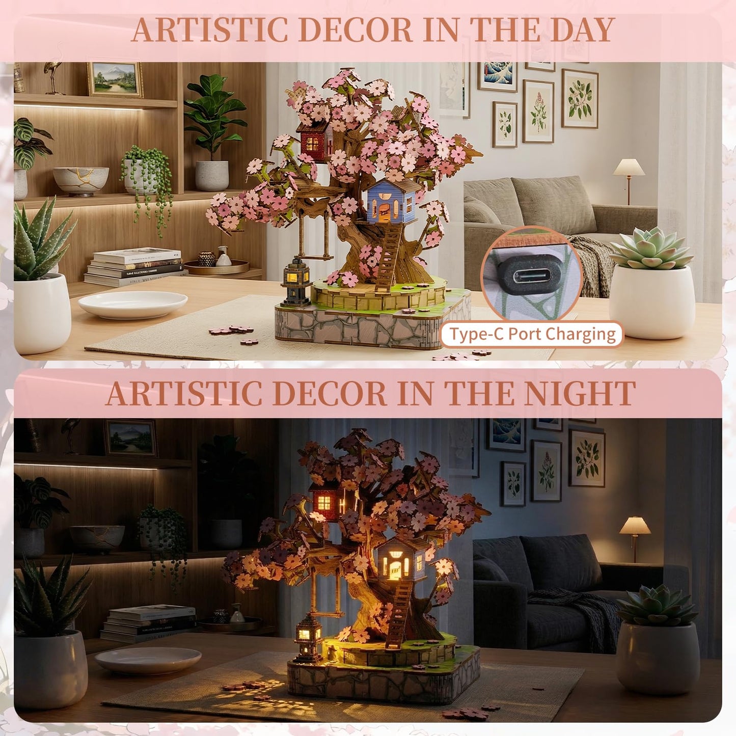 Sakura Tree House DIY Miniature House Kit for Adults, 564PCS 3D Wooden Puzzle with Light, Japanese Cherry Blossom Building Set, Wooden Craft Model Home Decor Gift