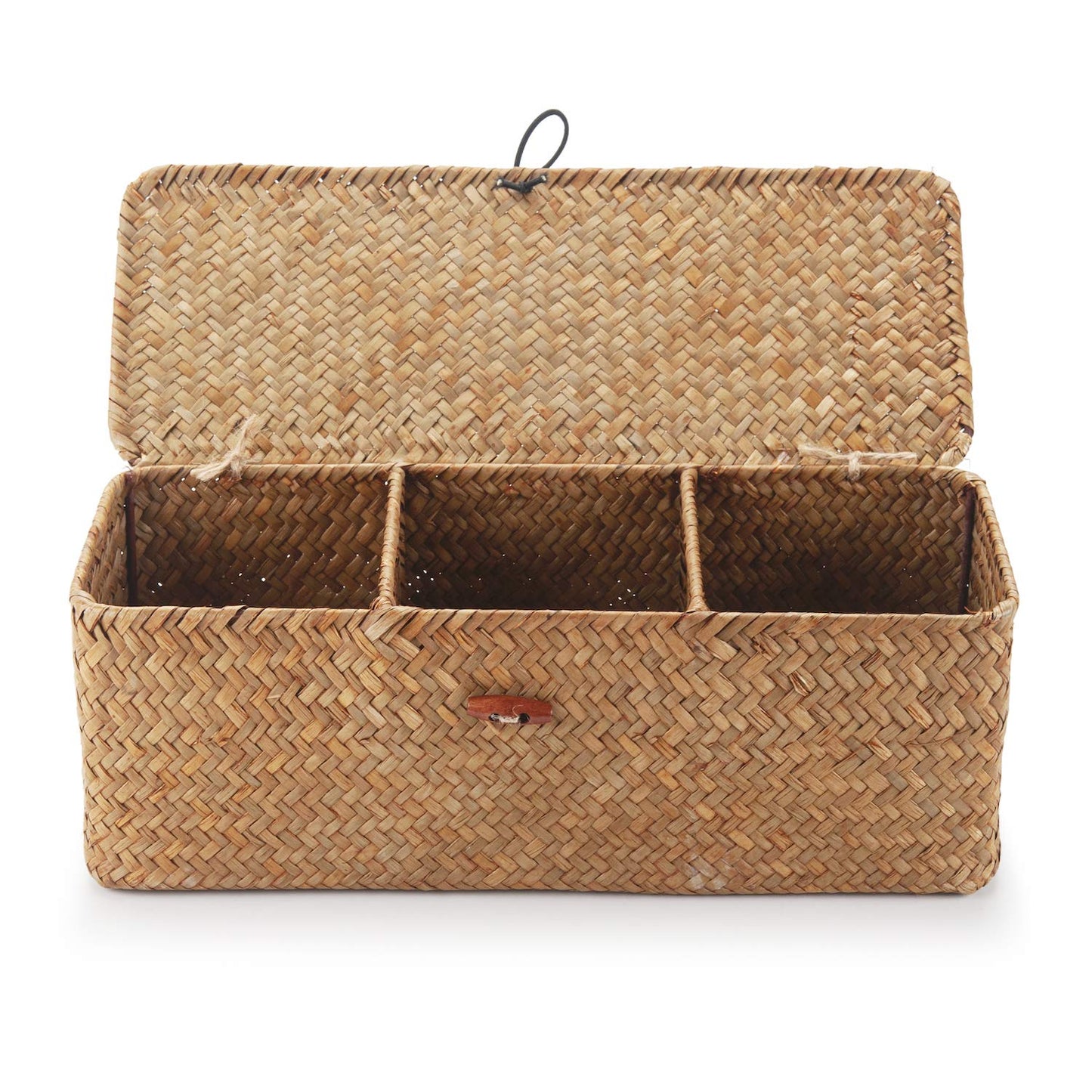DECRAFTS Seagrass Storage Basket with Lid Rectangular Small Woven Shelf Baskets with Sections for Organize Snack Toys Tampon