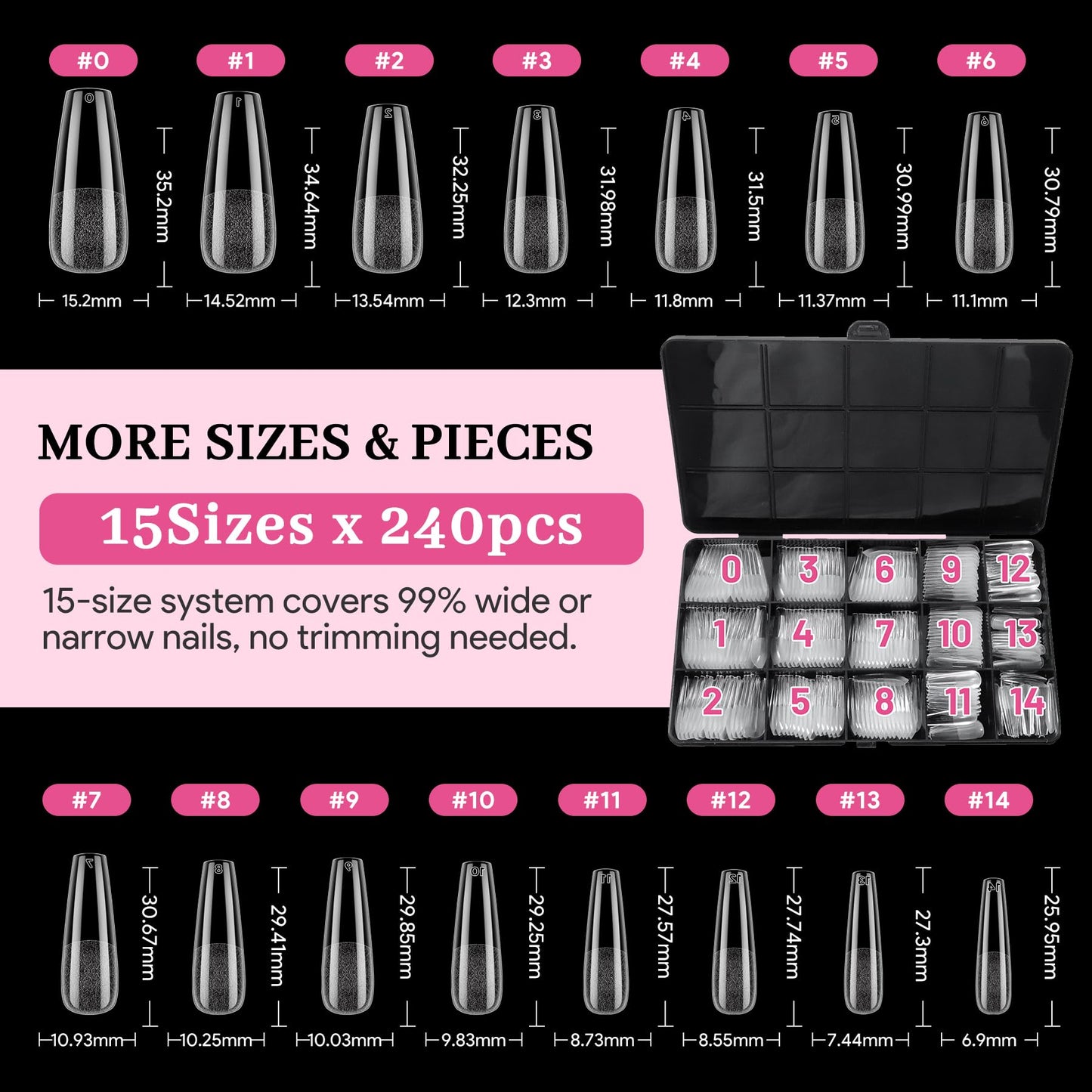 Qiek Long Coffin Pre-Building Nail Tips, 15 Sizes 240 PCS Pre-shaped Apex Clear Soft Press On Fake Nail Half Matte Gel Nail Extensions Strong Thick Acrylic Tip for DIY Beginners & Salon Manicure