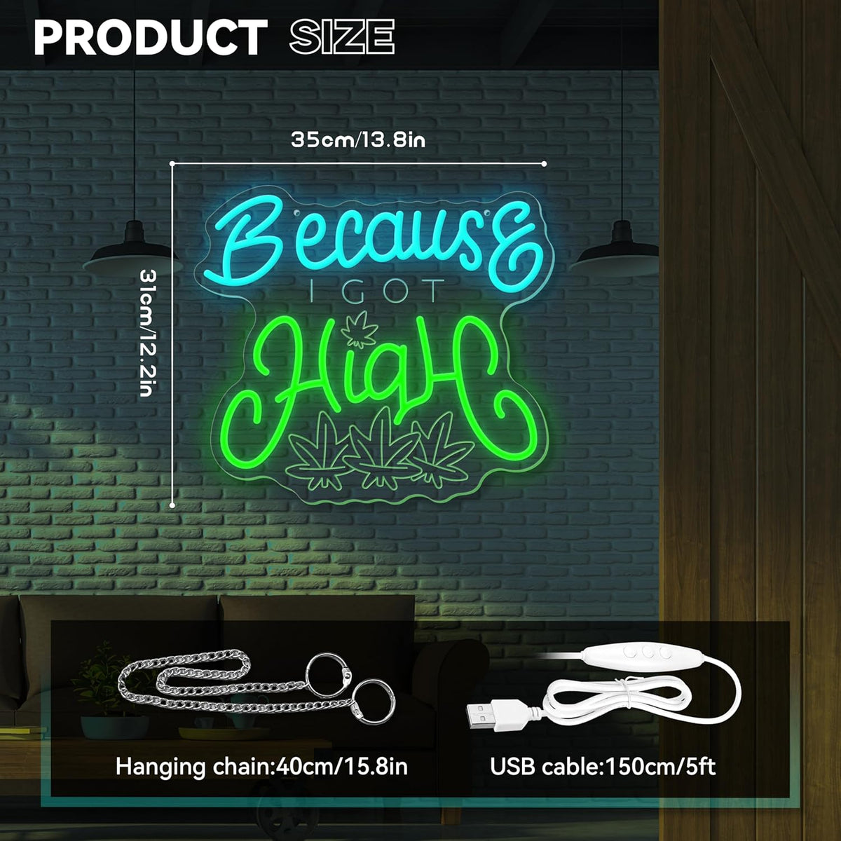 Leaf Neon Sign, Because I Got High Neon Signs for Wall Decor, Dimmable Acrylic Neon Lights for Living Room Bedroom Bar Pub Club Man Cave Game Room Hotel Party Decorations