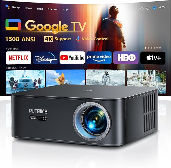 [1500 ANSI/Google TV/Voice Control]Smart Projector with WiFi 6 and Bluetooth, 4K Support, Outdoor Movie Proyector, 1080P Home Ceiling Auto Focus Projector, PUTRIMS K12 Gray