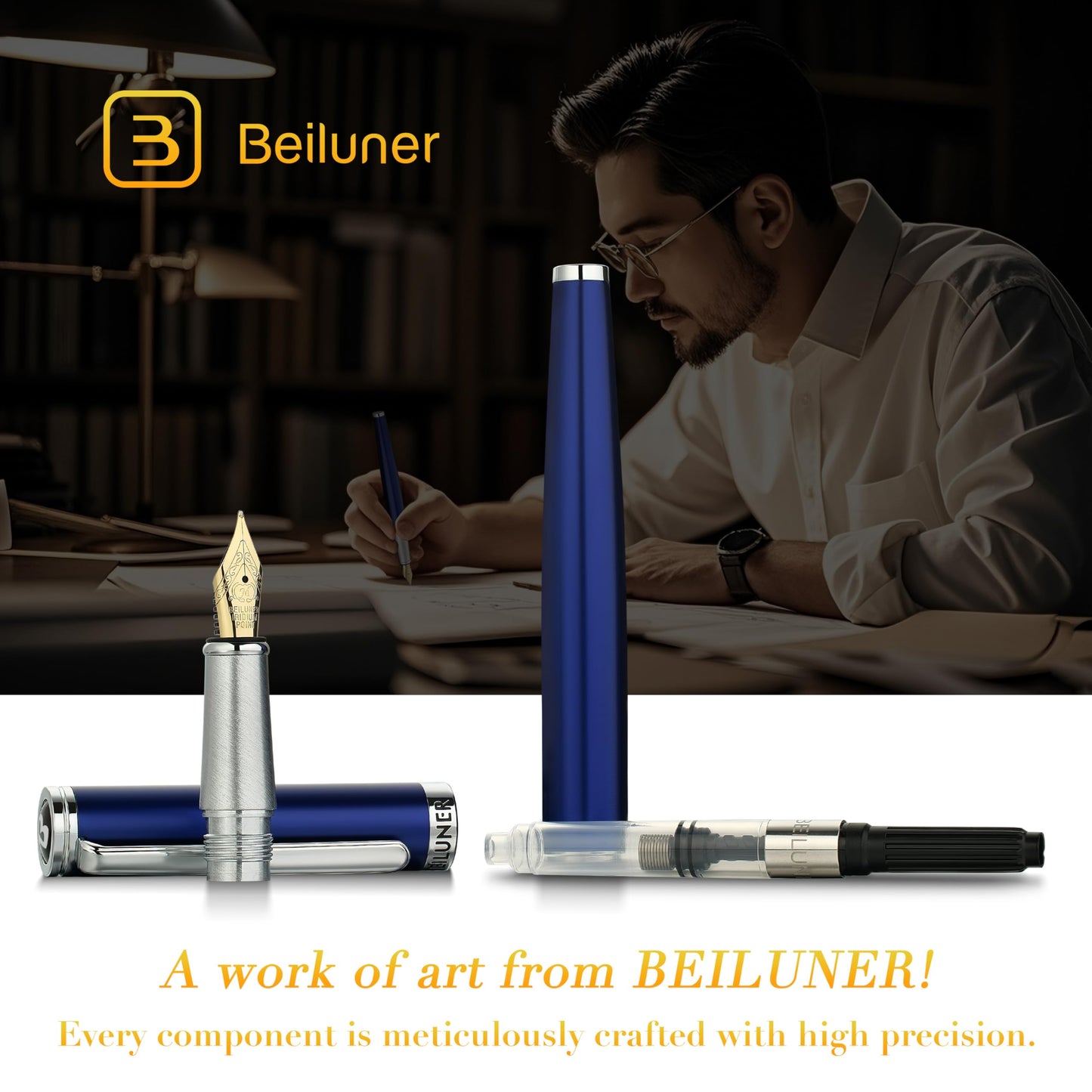 BEILUNER Luxury Fountain Pen Set,Solid 24K Gilded Medium Nib, Modern Classic Limited Edition -Includes 6 Ink Cartridges&Ink Refill Converter with Gift Case-Perfect for Men and Women（Charming blue）