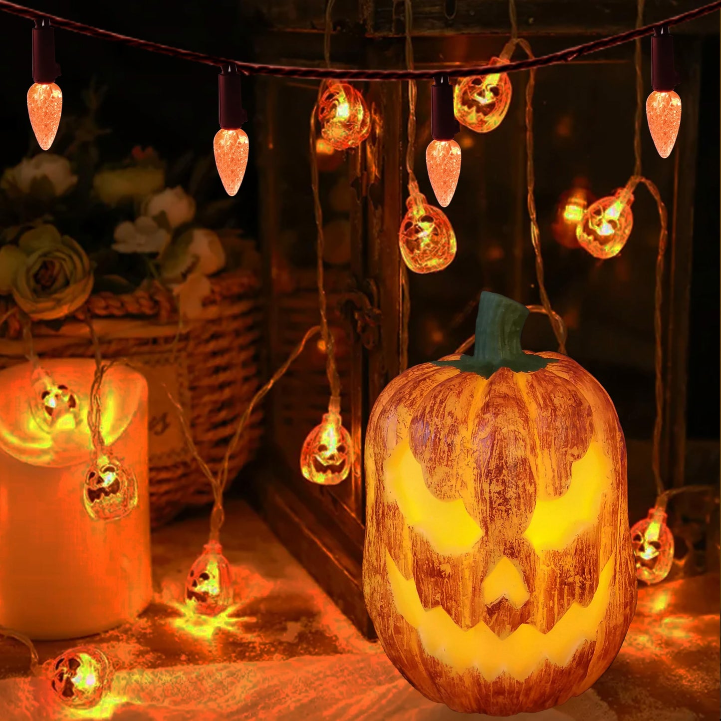 MXTCLM Orange C6 Halloween String Lights 50LED Strawberry 18ft Waterproof Black Wire Lights for Outdoor Indoor Garden Yard Home Halloween Party Decoration(Orange)
