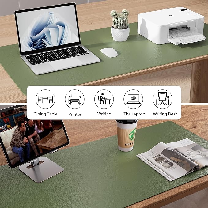 Aothia Faux Leather Desk Mat – Large Mouse Pad, Non-Slip PU Leather Blotter, Waterproof Writing Surface for Office and Home (Olive Green, 47.2" x 23.6")