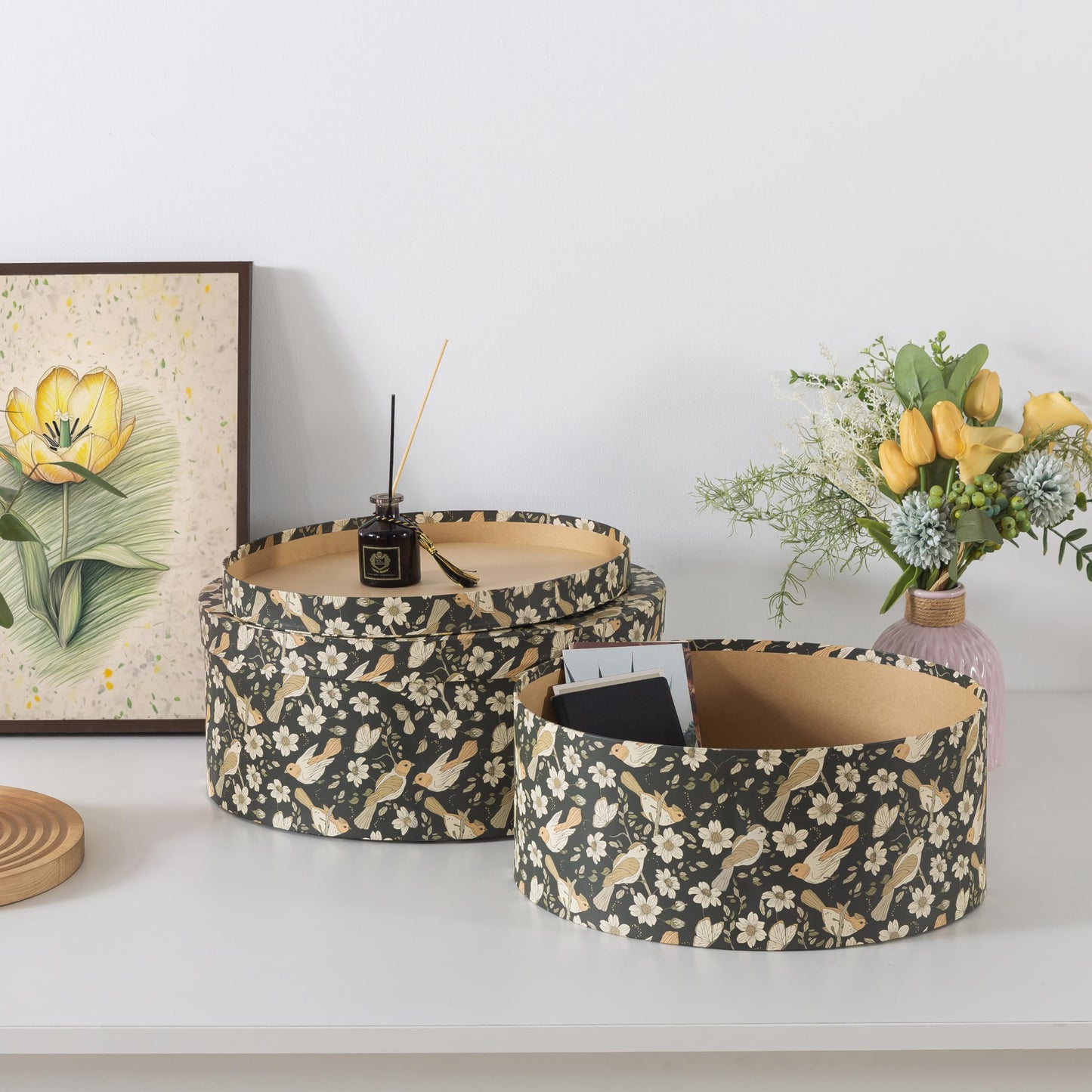 Soul & Lane Large Oval Cardboard Decorative Storage Boxes with Lids - Midnight Blossom Serenade, Set of 2 Cardboard Boxes for Flowers and Gifts, Nesting Memory Containers for Keepsakes and Organizing