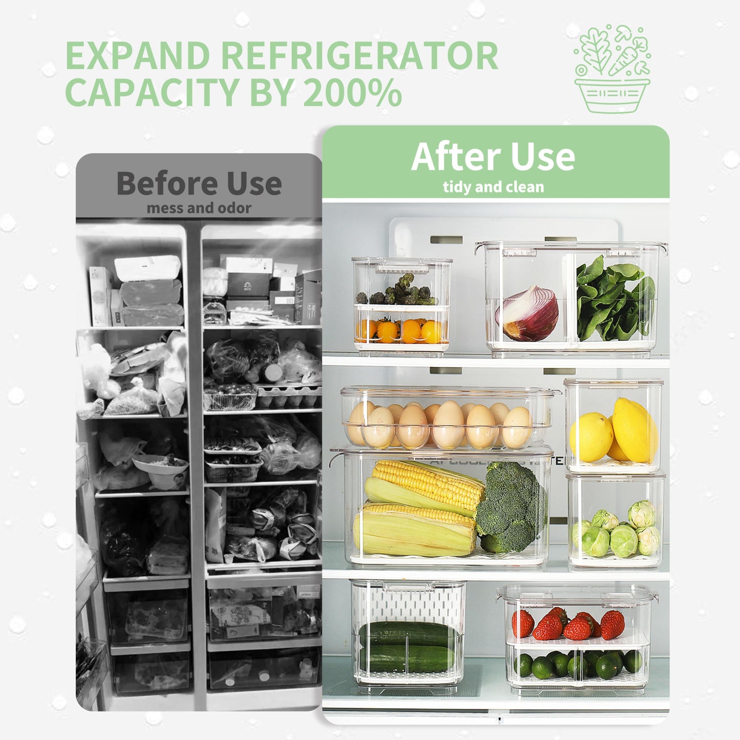 elabo Fruit Storage Containers Fridge Produce Saver- Stackable Refrigerator Organizer Keeper Drawers Bins with Lids and Removable Drain Tray for Veggie, Berry and Fruits, 1 Medium and 1 Large