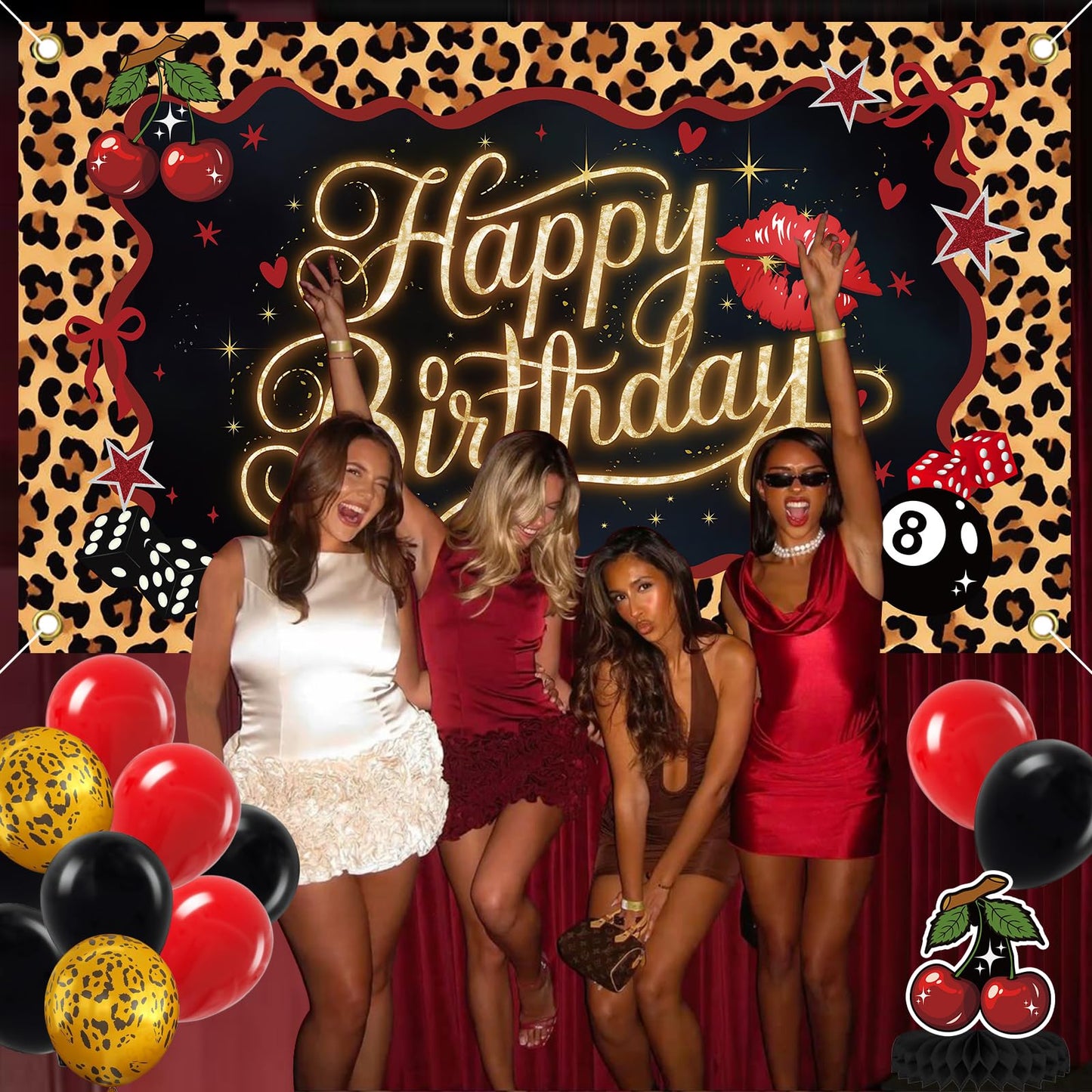 Red Black Cheetah Print Cherry Birthday Decorations Kit - Leopard Birthday Party Decor with Pre-Strung Banner Backdrop Tablecloth Balloons Cake & Cupcake Toppers, Prefect for Girls Women Big Mama