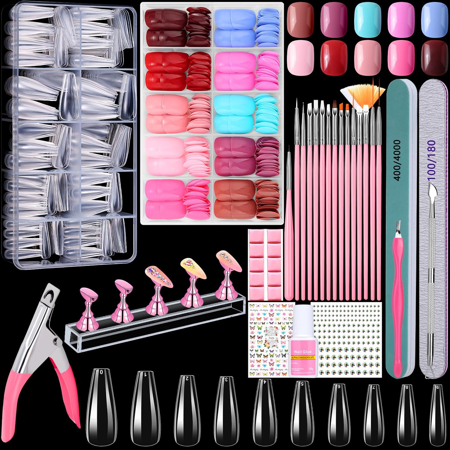 600PCS Clear Coffin Nail Tips and 240PCS Short Press On Nails Set, Clear Acrylic Nail Tips with Glue, Nail Art Brushes and Nail Display Stand, Nail Tips for Salons and Home DIY Nail Art