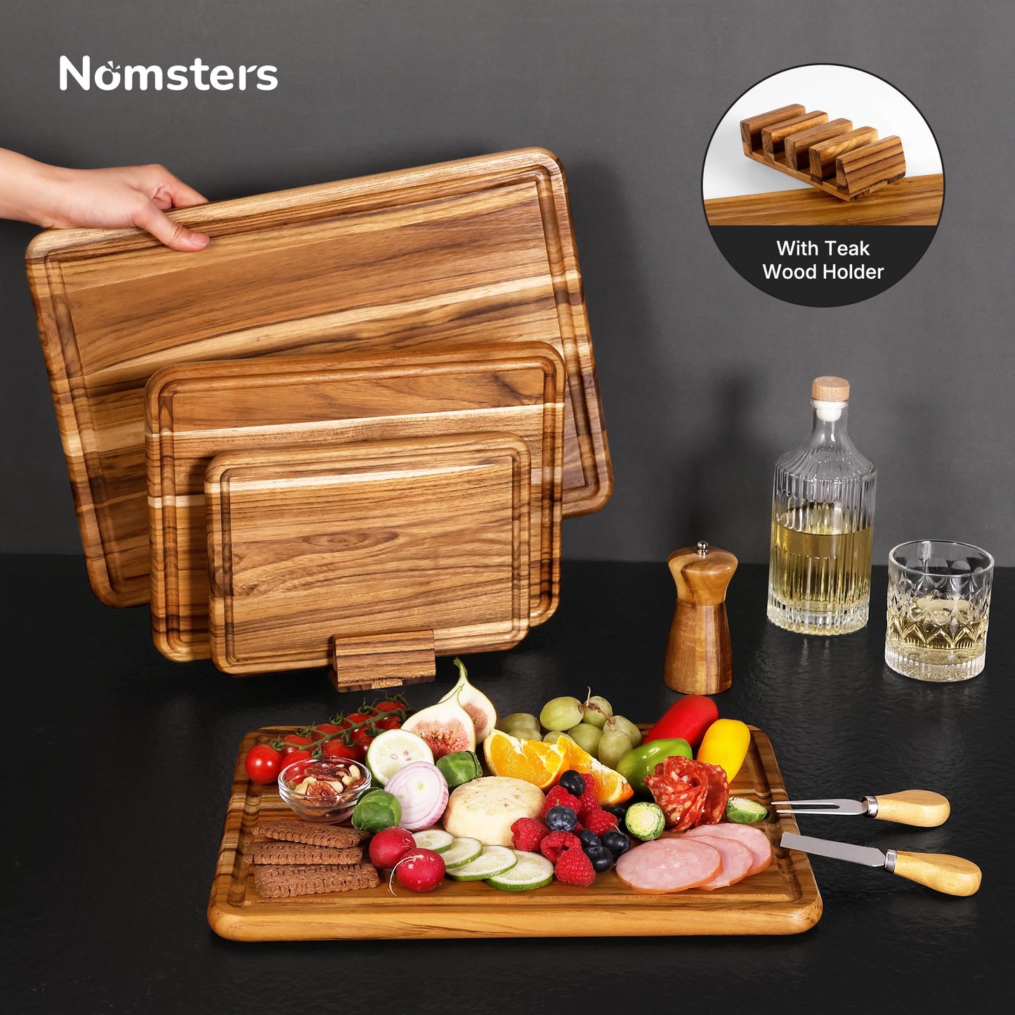 4 Pack Teak Cutting Board Set for Kitchen Heavy Duty Non Toxic Non Slip Solid Thick Wood Haus Chopping Board Extra Large Big Small Meat Best Wooden Charcuterie Board