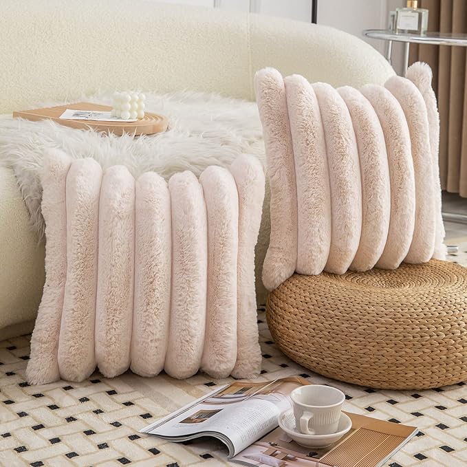 Neelvin Beige Faux Fur Cozy Soft Striped Decorative Throw Pillow Covers 18x18 inch Set of 2,Velvet Pillowcase Cushion Case for Sofa Couch