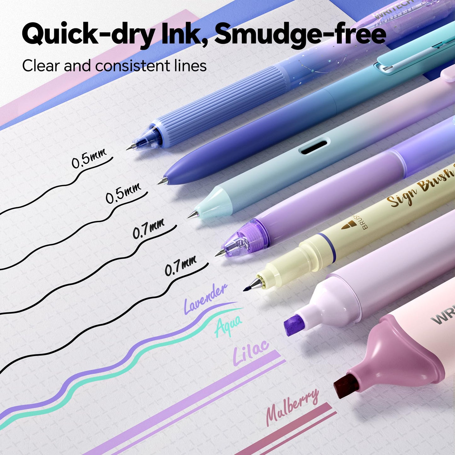 WRITECH Aurora Gel Ink Pens: Wonderland Journaling Pens Set, Gradient Barrels Black Ink Pens Pastel Highlighters Brush Markers, No Bleed Smooth Writing Drawing Gift for Friends 12ct
