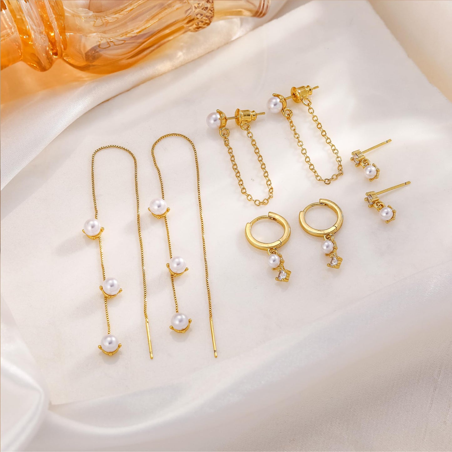 Moodear Dainty Pearl Studs Drop Hoop Earrings for Women - Trendy 14K Gold Plated Dangle Chain Baroque Pearls Hypoallergenic Earring Sets for Multiple Piercing