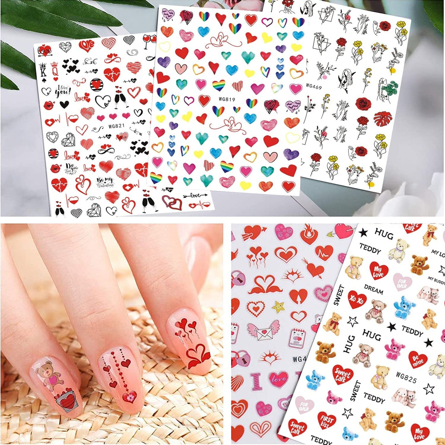 8 Sheets Love Heart Nail Art Stickers with 18 Sheets Colorful Nail Art Stickers