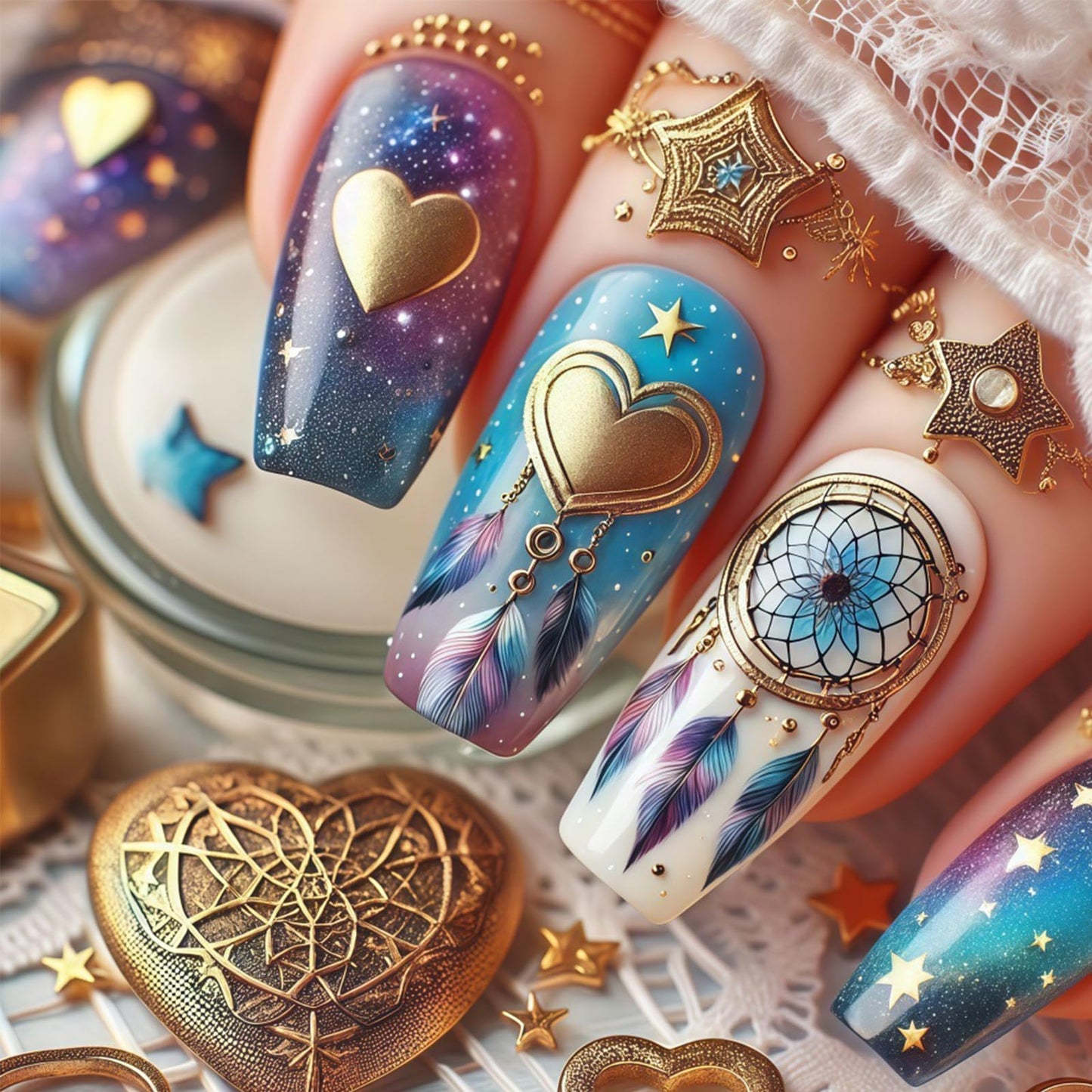 Medium Coffin Press on Nails Boho Chic Fake Nails Cosmic Galaxy False Nails with 3D Gold Heart Star Dream Catcher Designs Reusable Artificial Nail Full Cover Stick on Nails for Women Manicure
