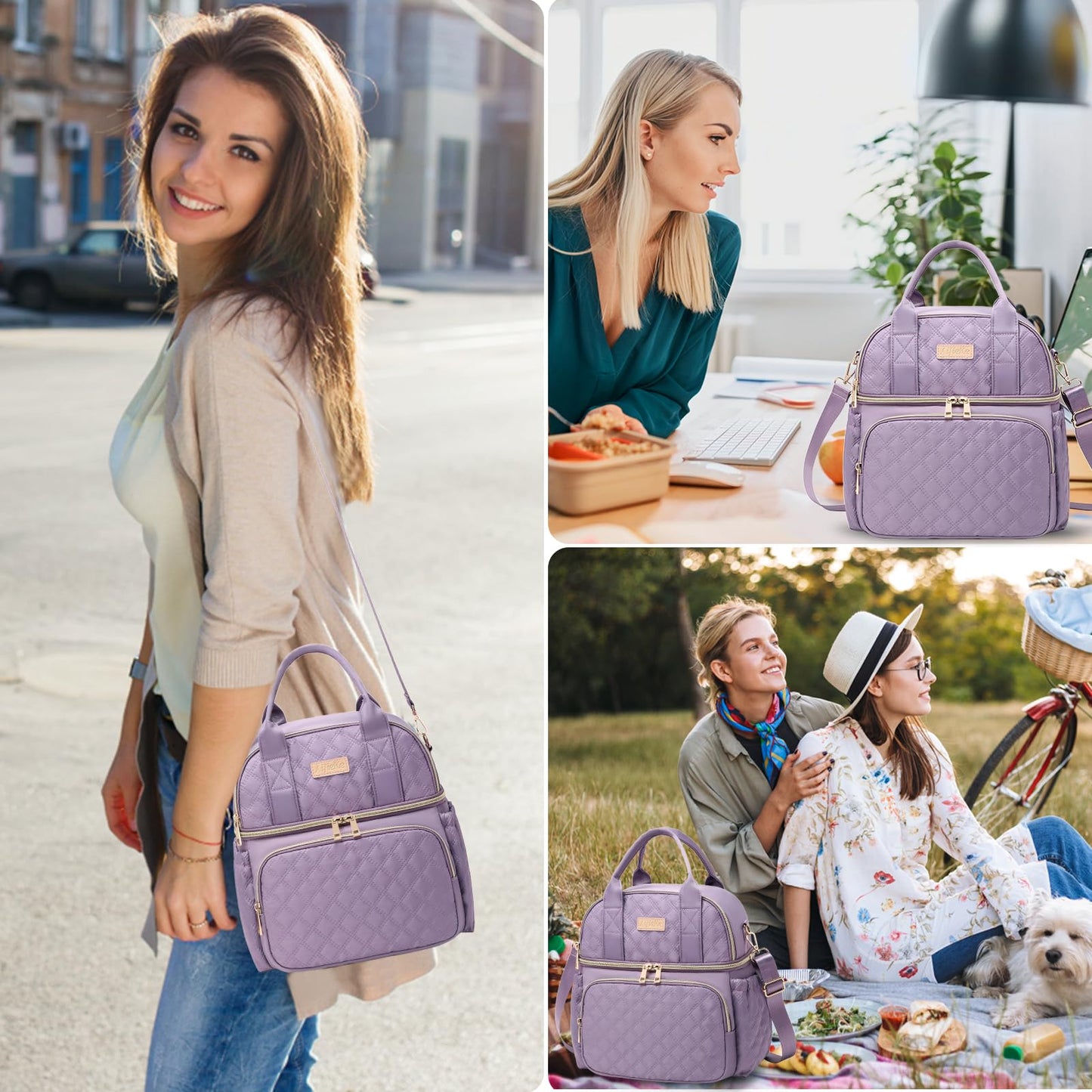 AIJIEKE Large Insulated Lunch Bag for Women, Double Compartment Leakproof Lunch Box for Work Office, Reusable Cooler Tote with Adjustable Strap & Side Pockets for Adults Picnic Beach, Purple