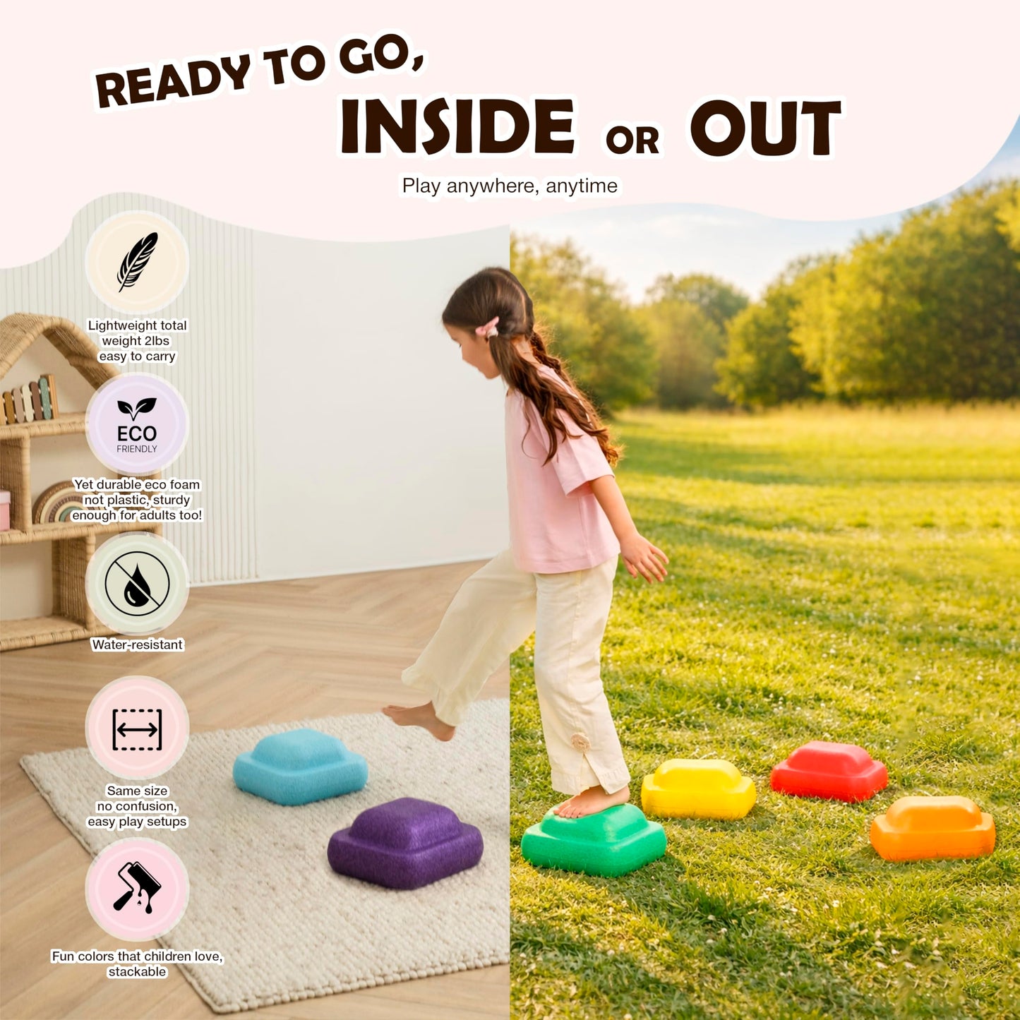 Soft Foam Stepping Stones for Kids – Indoor Balance & Coordination Toy – Lightweight Non-Toxic Styrofoam Play Stones – Obstacle Course, Floor is Lava Game, Sensory Play – Set of six